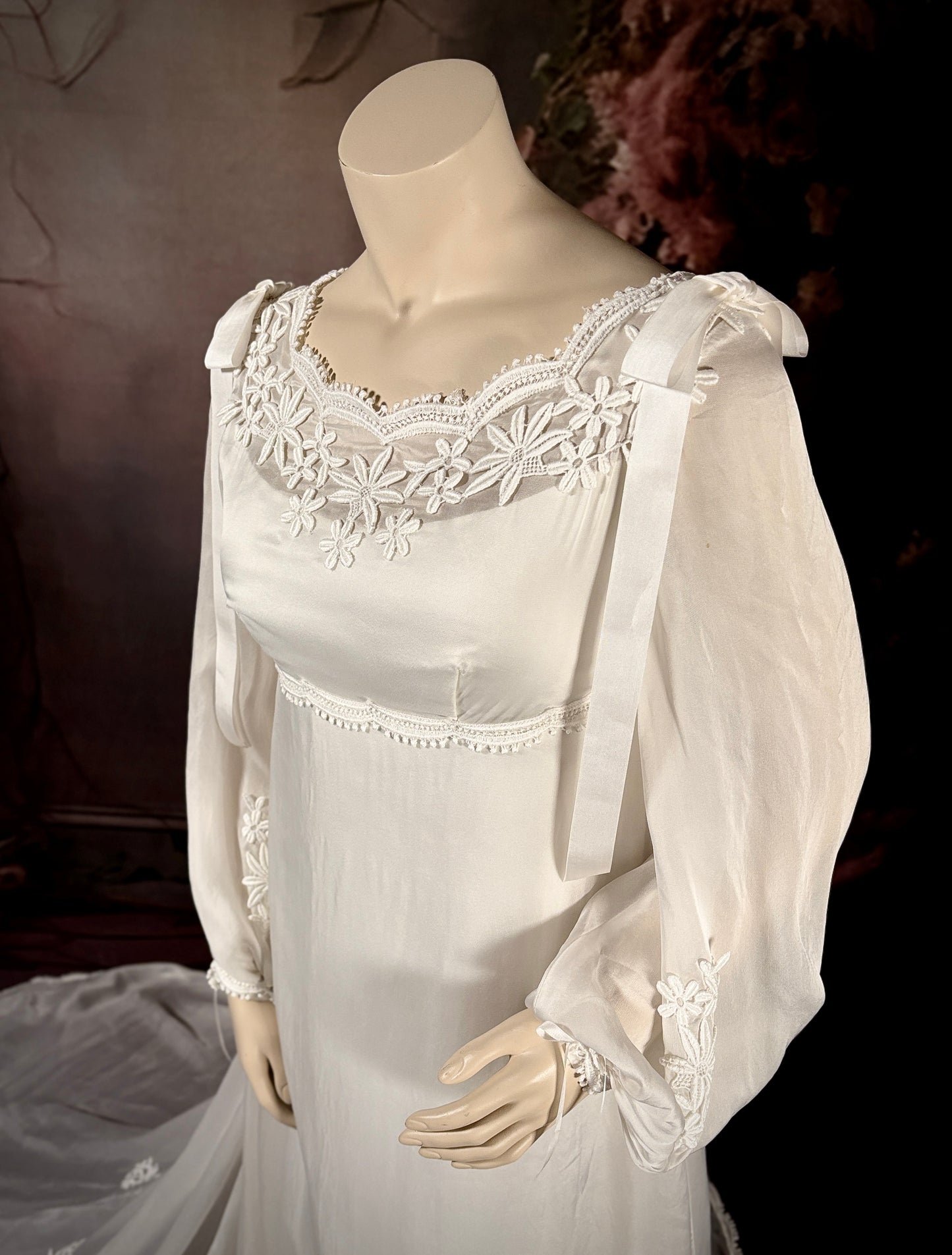 1960's Sheer Crepe-Back Satin Empire Waist Wedding Dress w/Trailing Train & Silk Bows