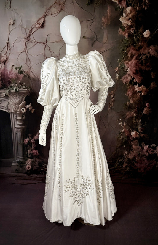 1980s Crystal Beaded Satin Wedding Dress W/Bishop Sleeves