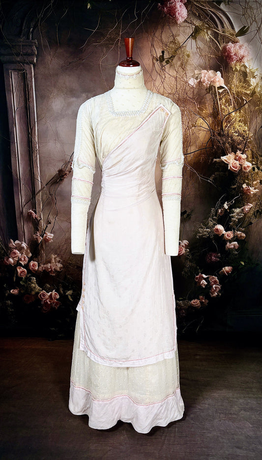 1905 Edwardian Pink Watteau-Kimono Beaded, Silk-Brocade Tea Gown