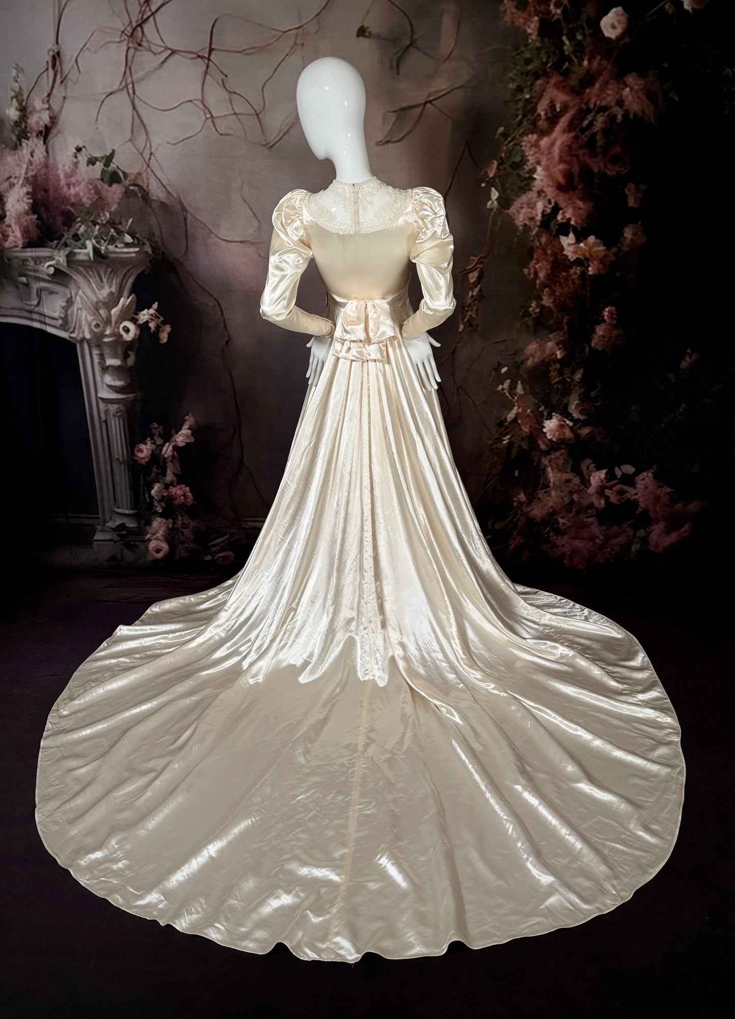 1930s Vionnet-Style, Beaded Candlelight Satin Wedding Dress w/Weighted Chapel Train