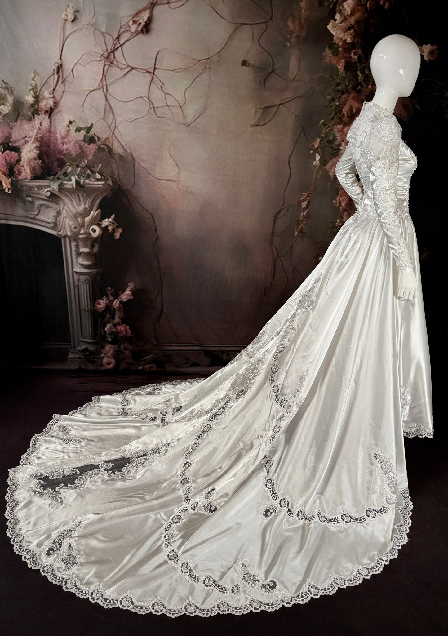1980's Satin Wedding Dress w/Beaded Puff Sleeves & Chapel Train