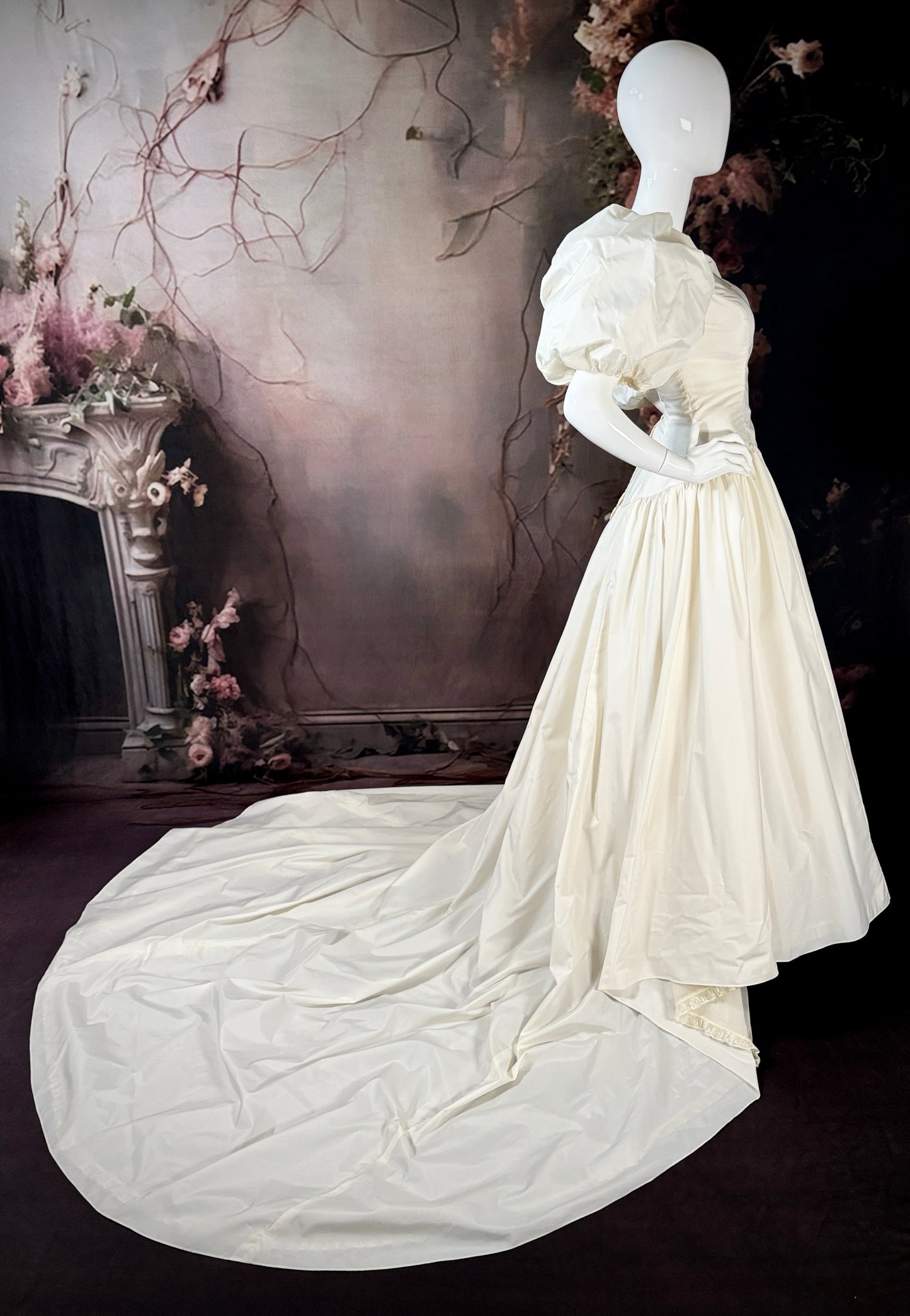 1980's Taffeta Wedding Dress w/Melon Puff Sleeves, Veil & Chapel Train