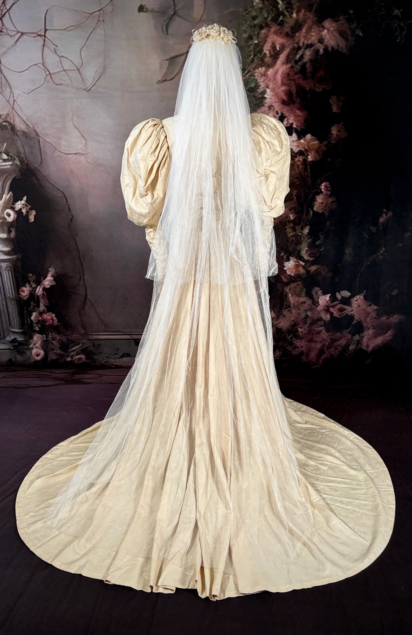 1970s "Victorian-Inspired" Wedding Dress Set W/Veil & Trailing Train