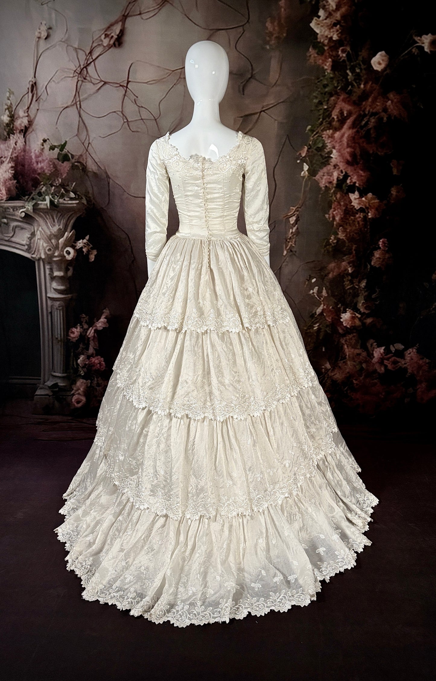 1950's Silk Moiré Embroidered Wedding Dress w/Tiered Sweeping Train