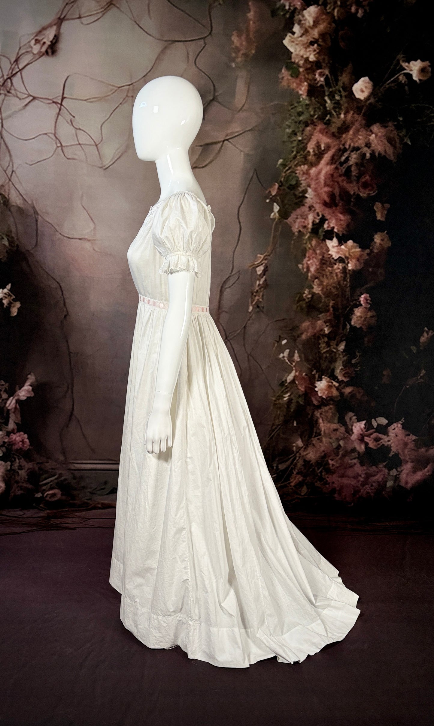 1850s Cotton Batiste Slip Dress w/Puff Sleeves, Pink Silk Ribbon & Brush Train
