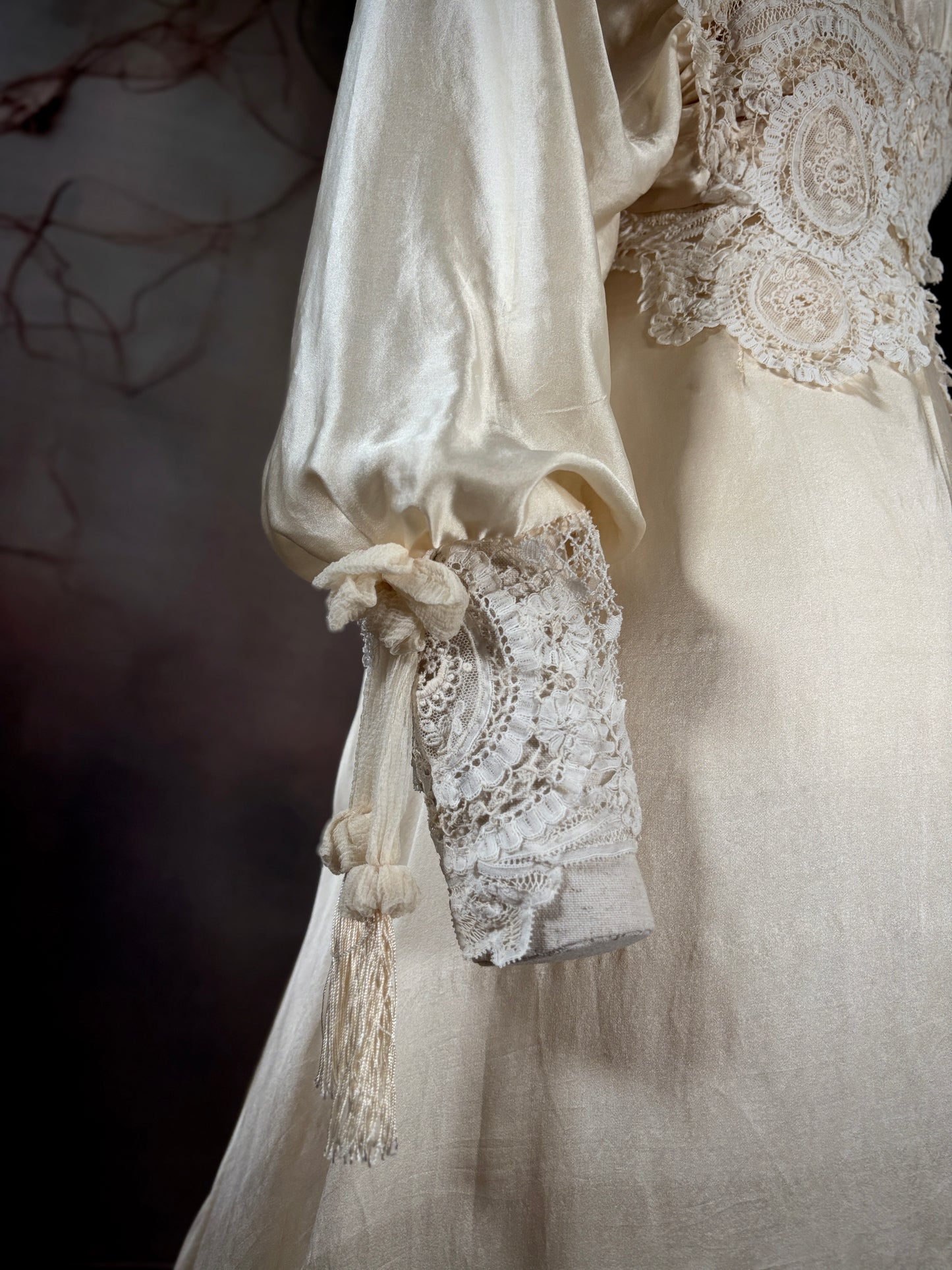 1908 China Silk & Lace Victorian Wedding Gown w/Trailing Train