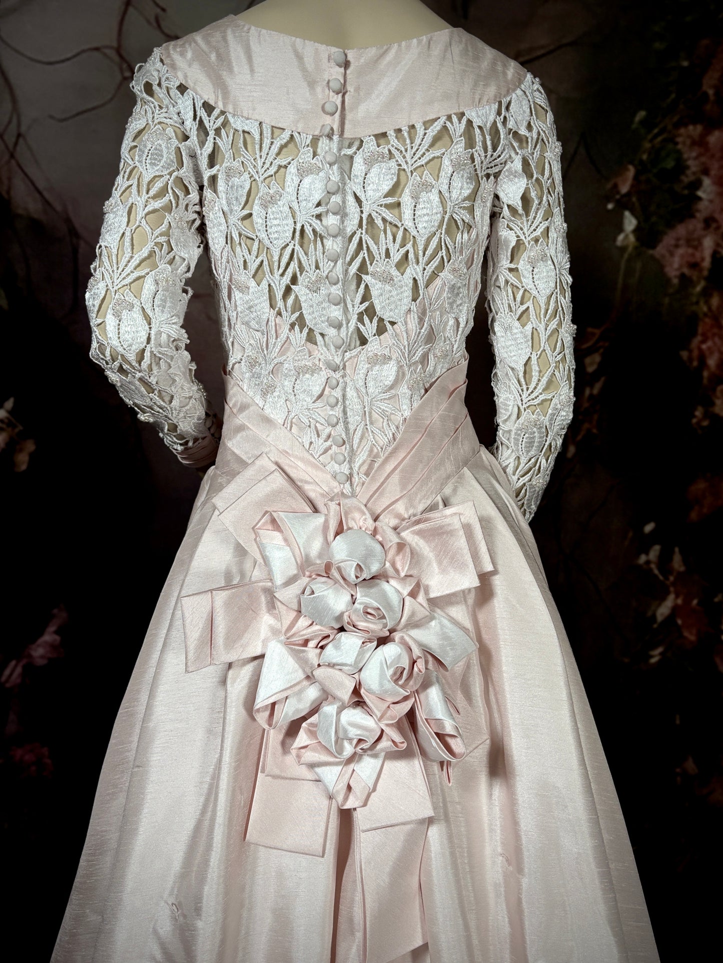 1998 Shantung & Beaded Venice Lace Wedding Dress in Blush Pink w/Sweeping Train