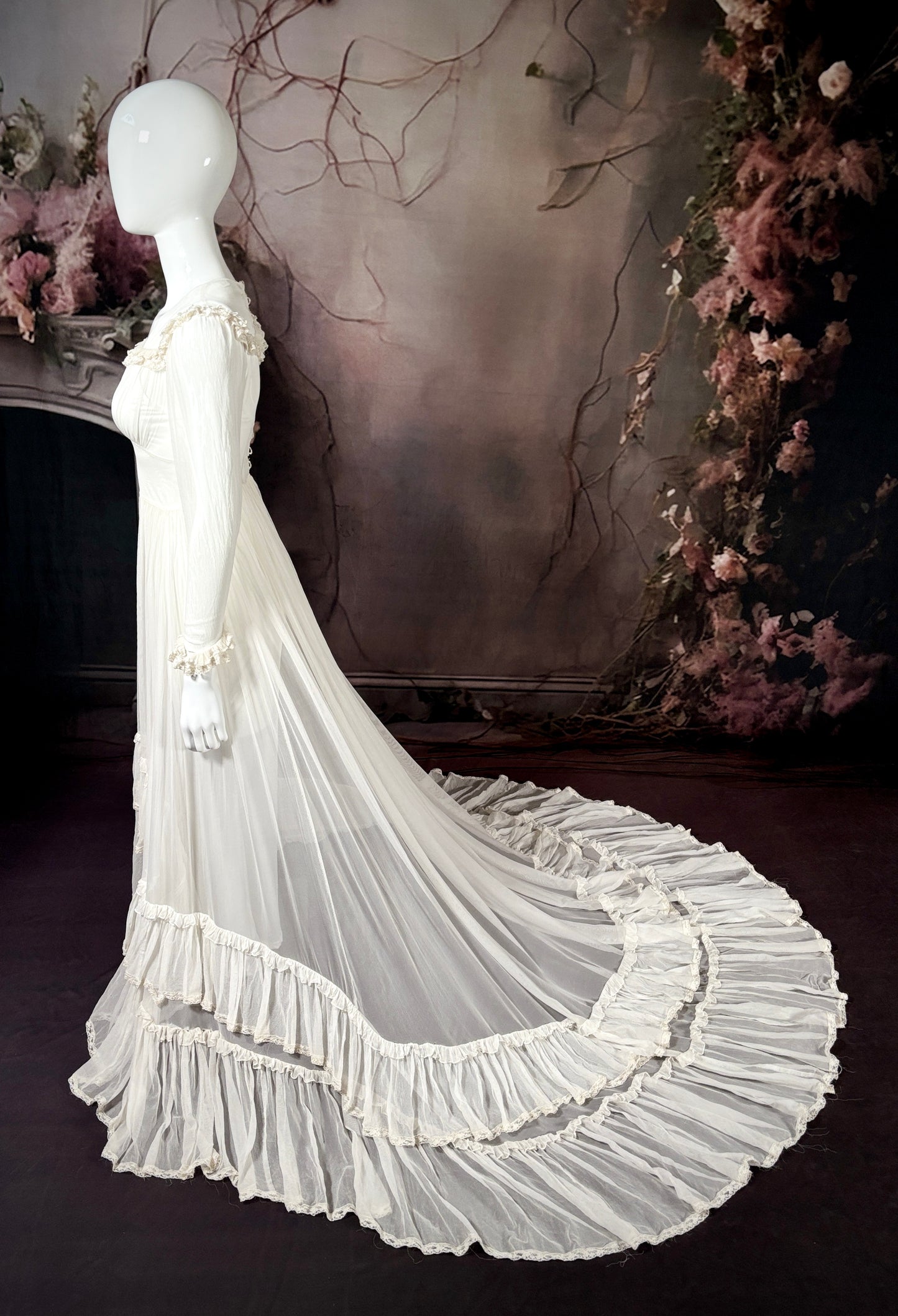 1940's Silk Georgette Sheer Wedding Dress W/Trailing Train
