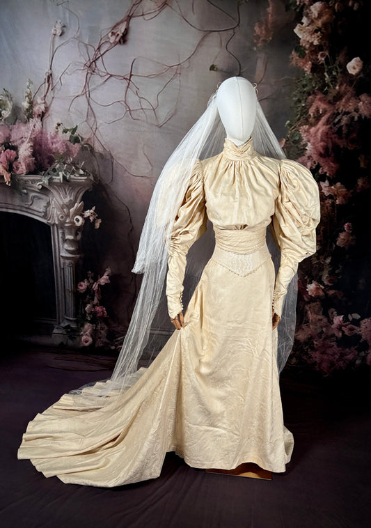 1970s "Victorian-Inspired" Wedding Dress Set W/Veil & Trailing Train