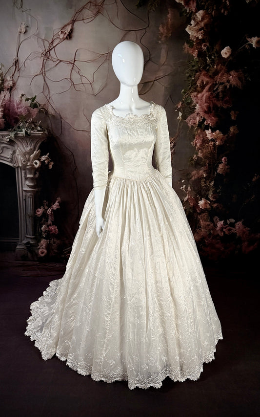 1950's Silk Moiré Embroidered Wedding Dress w/Tiered Sweeping Train