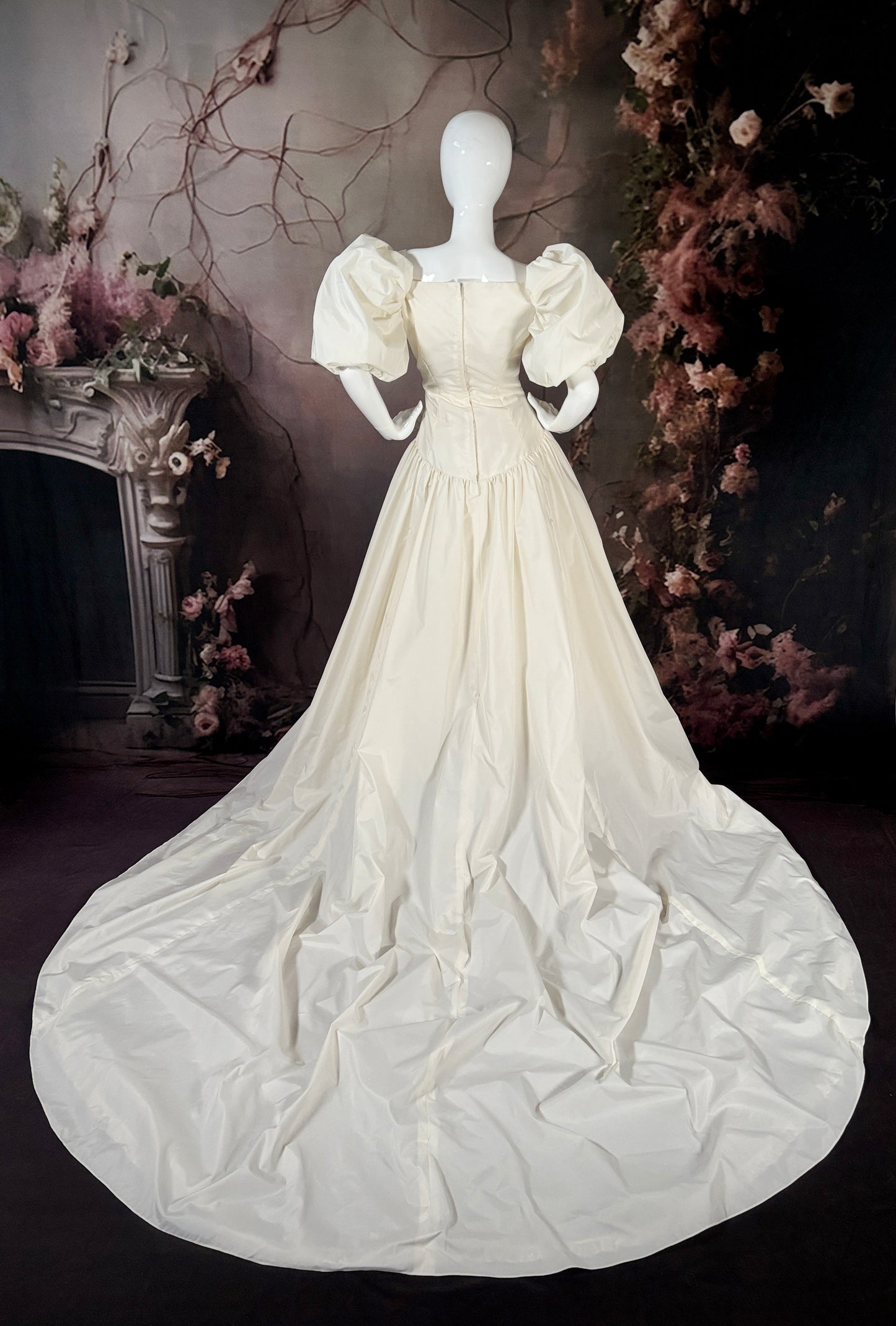 1980's Taffeta Wedding Dress w/Melon Puff Sleeves, Veil & Chapel Train