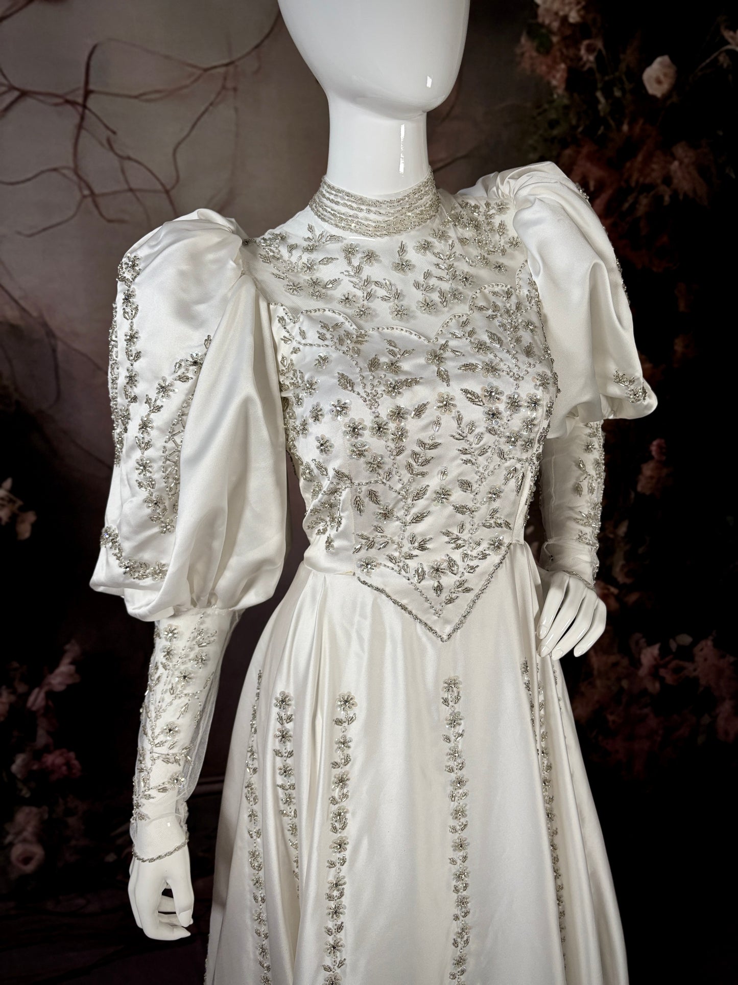 1980s Crystal Beaded Satin Wedding Dress W/Bishop Sleeves
