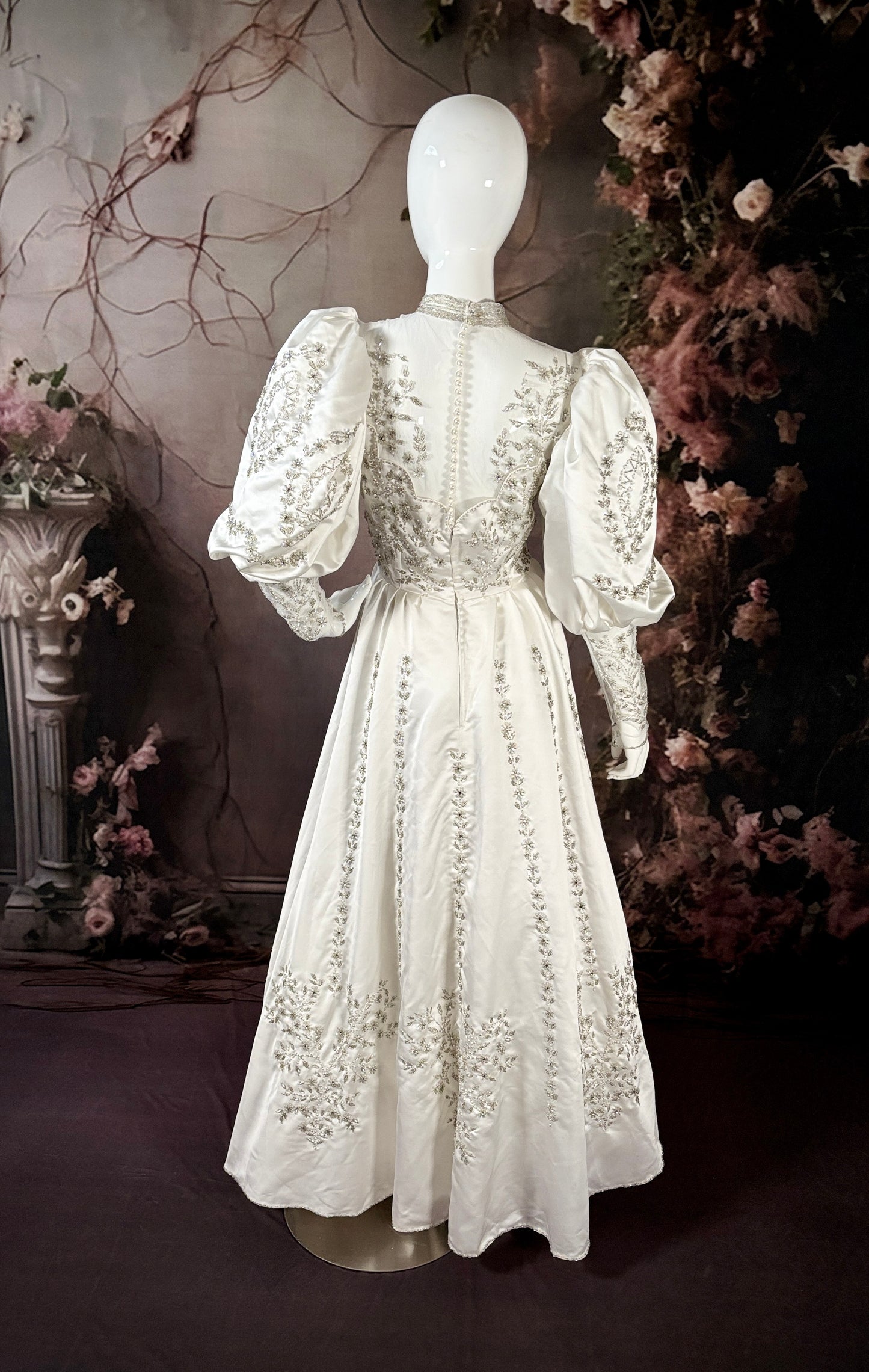 1980s Crystal Beaded Satin Wedding Dress W/Bishop Sleeves