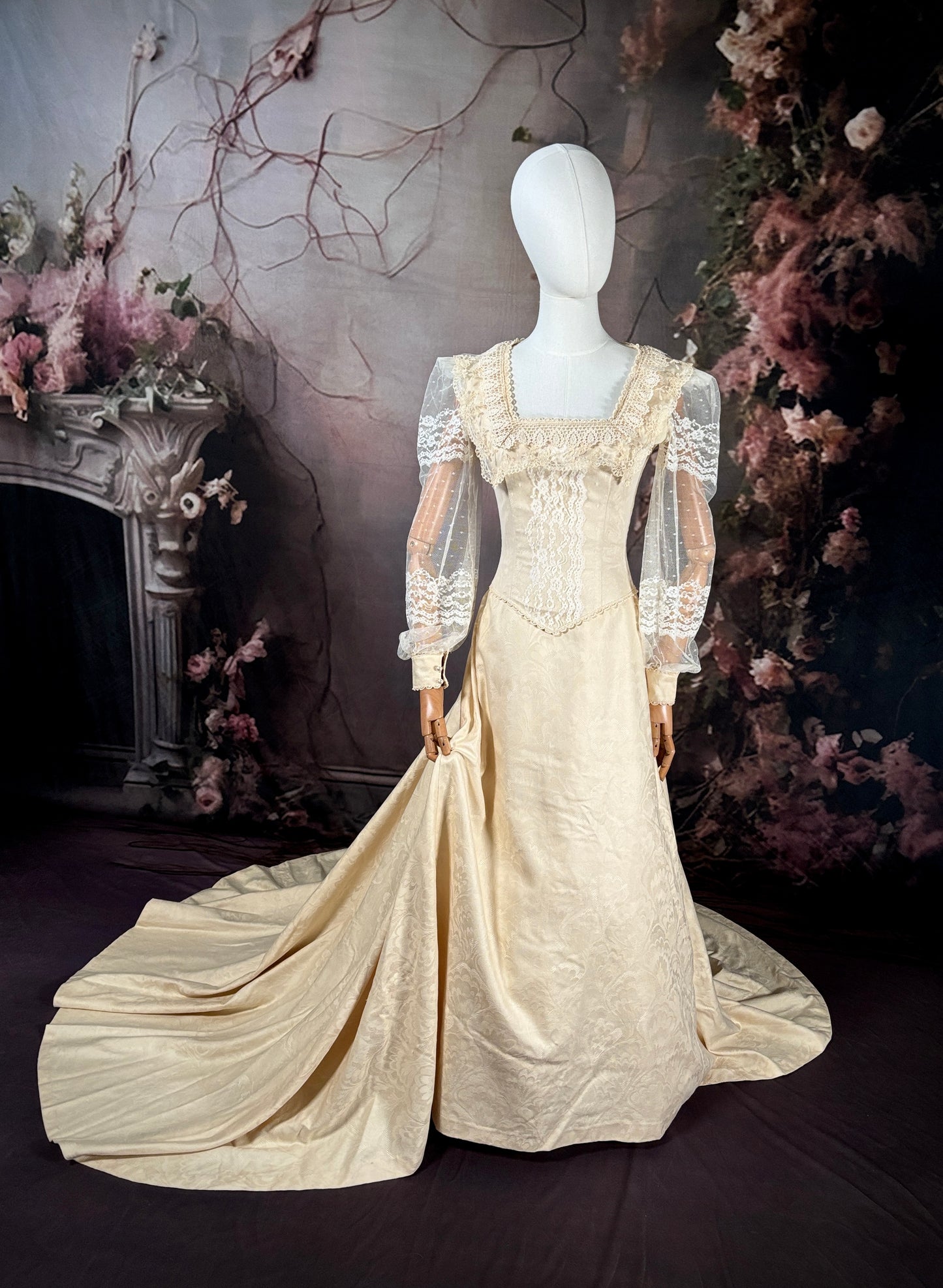 1970s "Victorian-Inspired" Wedding Dress Set W/Veil & Trailing Train