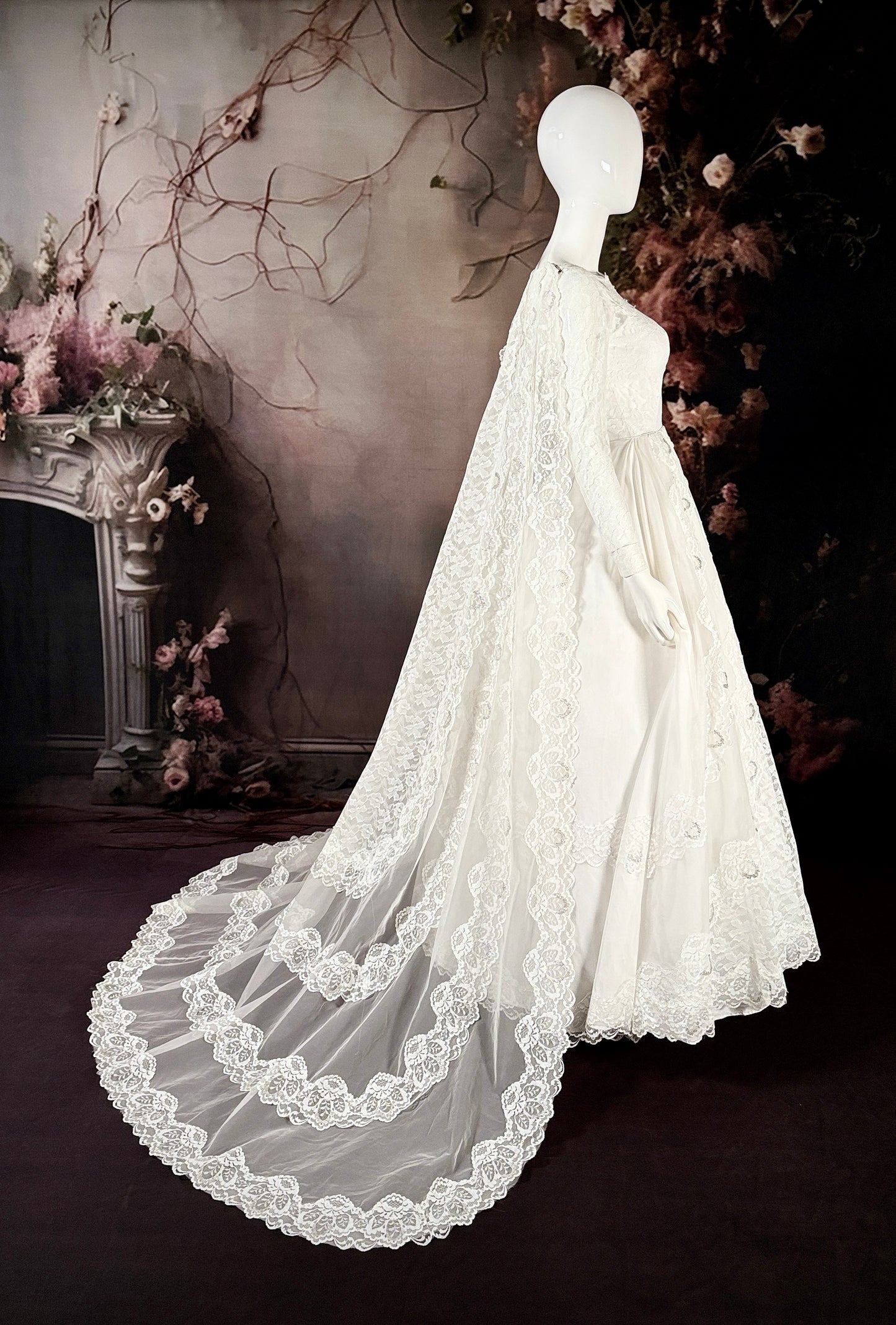 1960s Organza & Flat Lace Wedding Dress W/Trailing Watteau Train