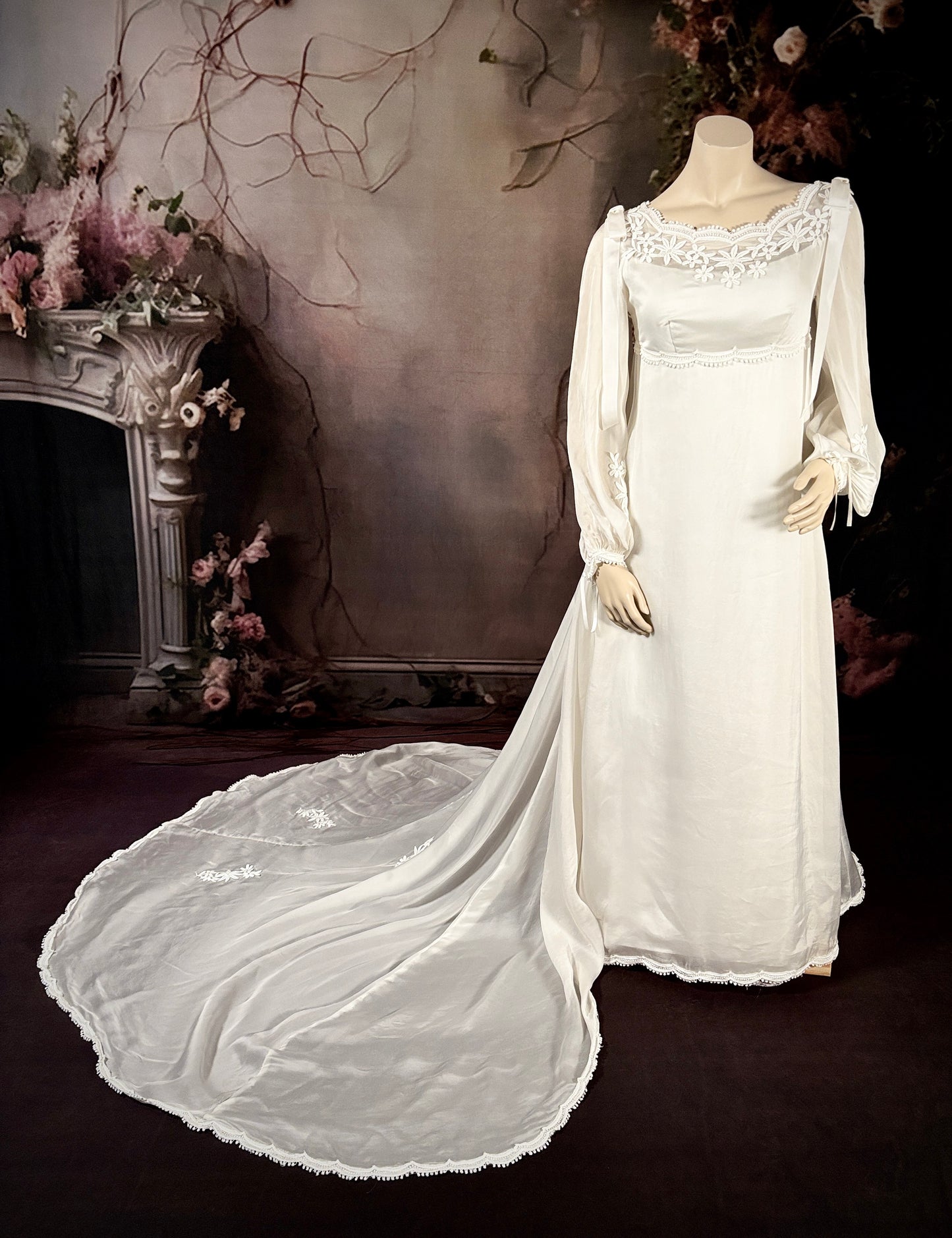 1960's Sheer Crepe-Back Satin Empire Waist Wedding Dress w/Trailing Train & Silk Bows