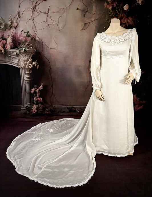 1960's Sheer Crepe-Back Satin Empire Waist Wedding Dress w/Trailing Train & Silk Bows