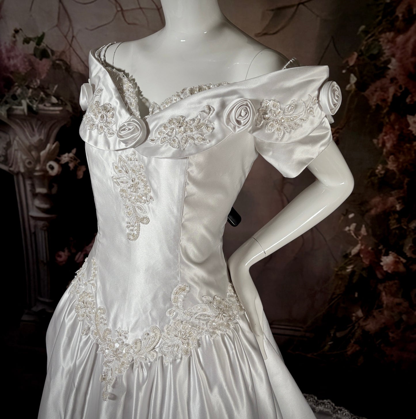 1990's Dutchess Satin Rose Wedding Dress W/Chapel Train