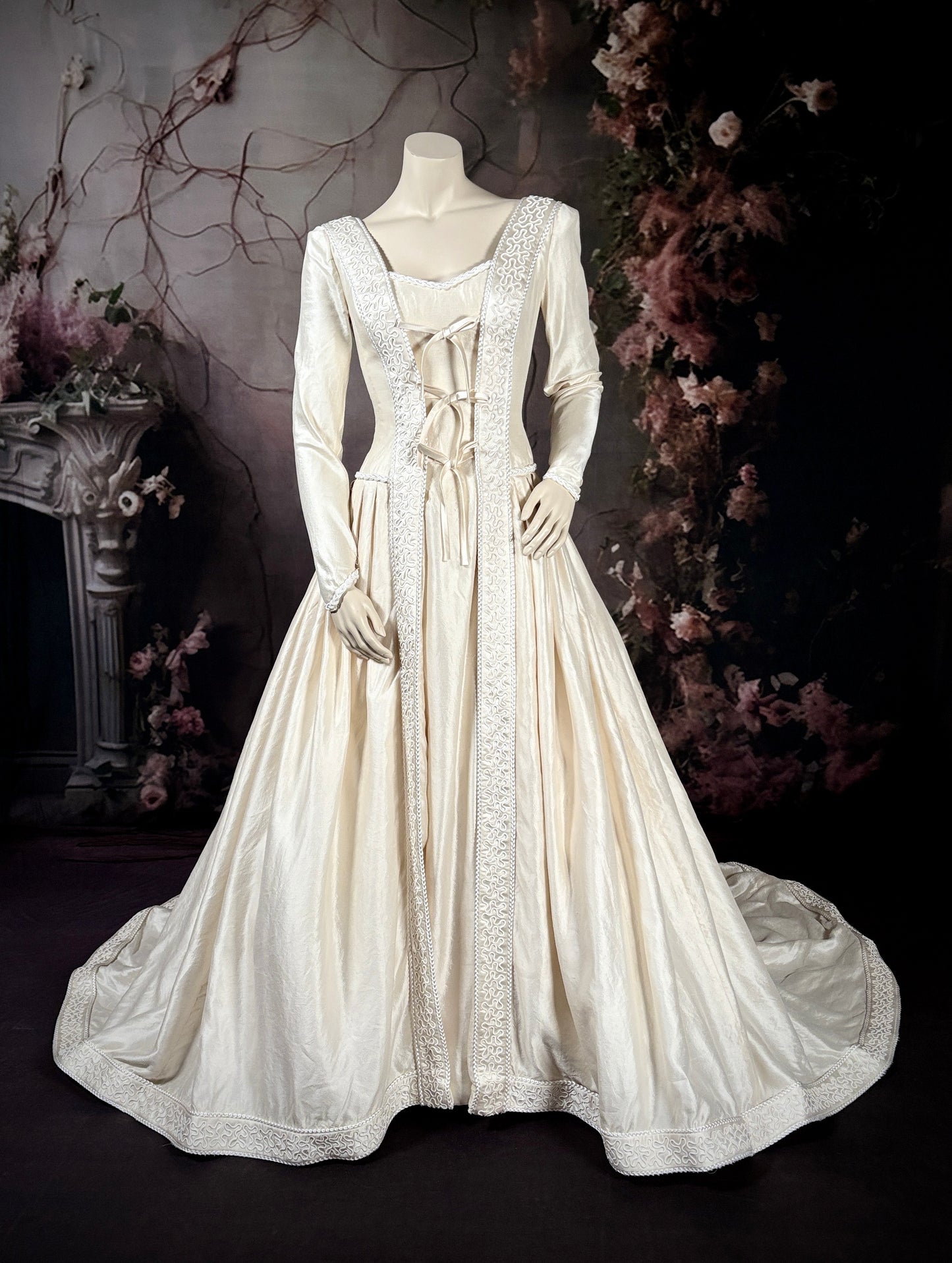 1990s Renaissance Inspired Silk Mikado Wedding Dress w/Trailing Train