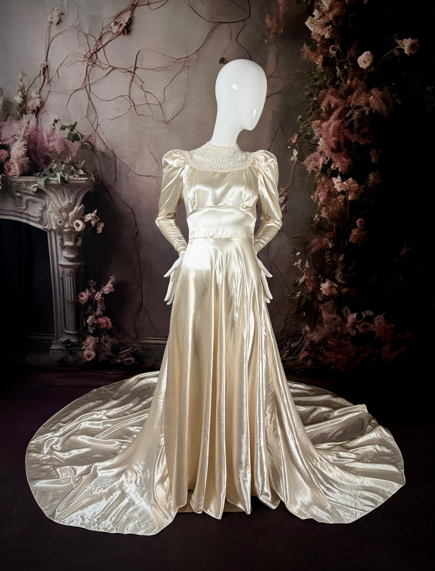 1930s Vionnet-Style, Beaded Candlelight Satin Wedding Dress w/Weighted Chapel Train