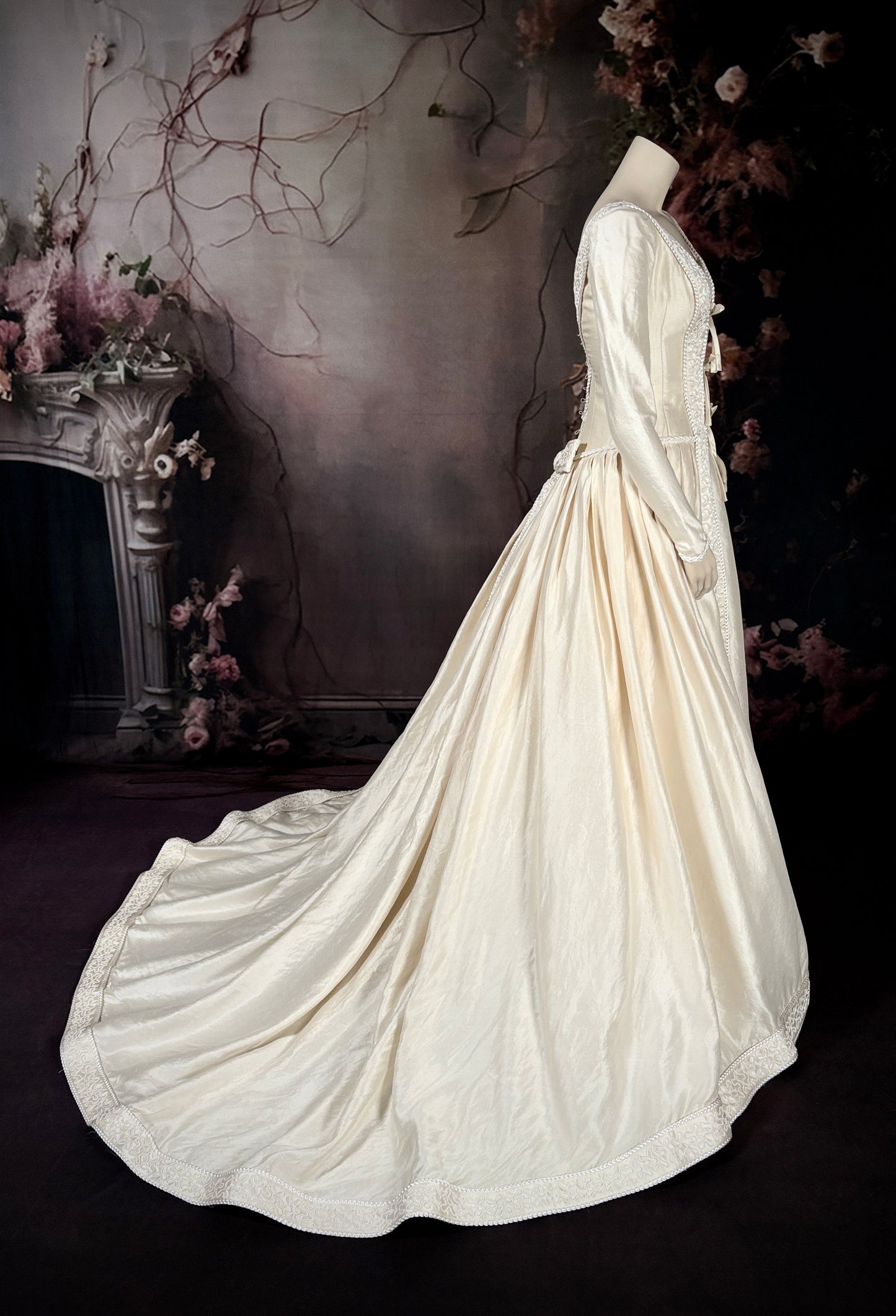 1990s Renaissance Inspired Silk Mikado Wedding Dress w/Trailing Train