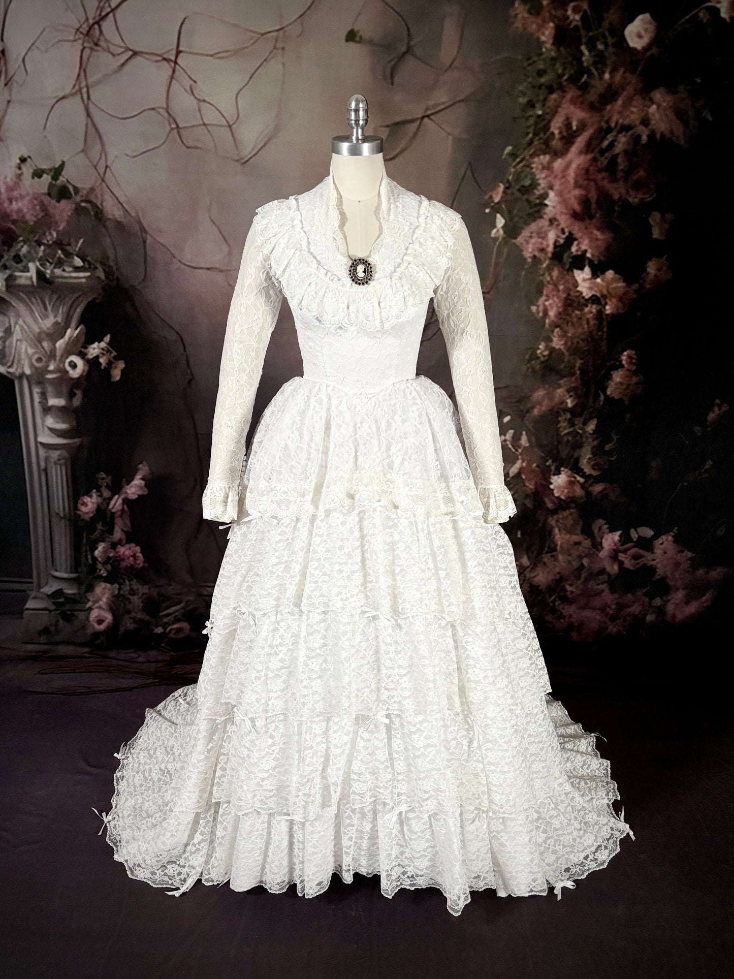 1970s Victorian Inspired Tiered Lace & Bows Dress W/Trailing Train