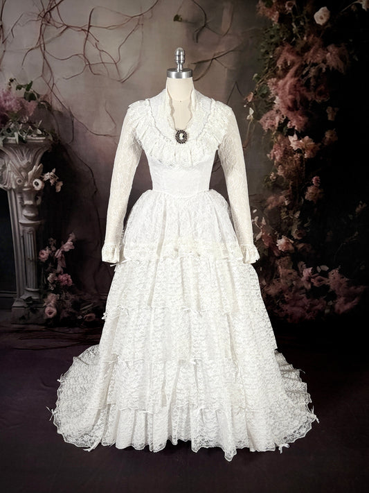 1970s Victorian Inspired Tiered Lace & Bows Dress W/Trailing Train