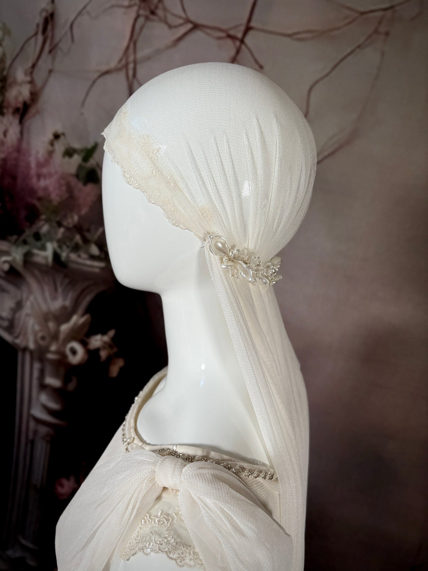 1920's Haute Couture Silk Tulle & Beaded Wedding Dress w/Juliet Veil