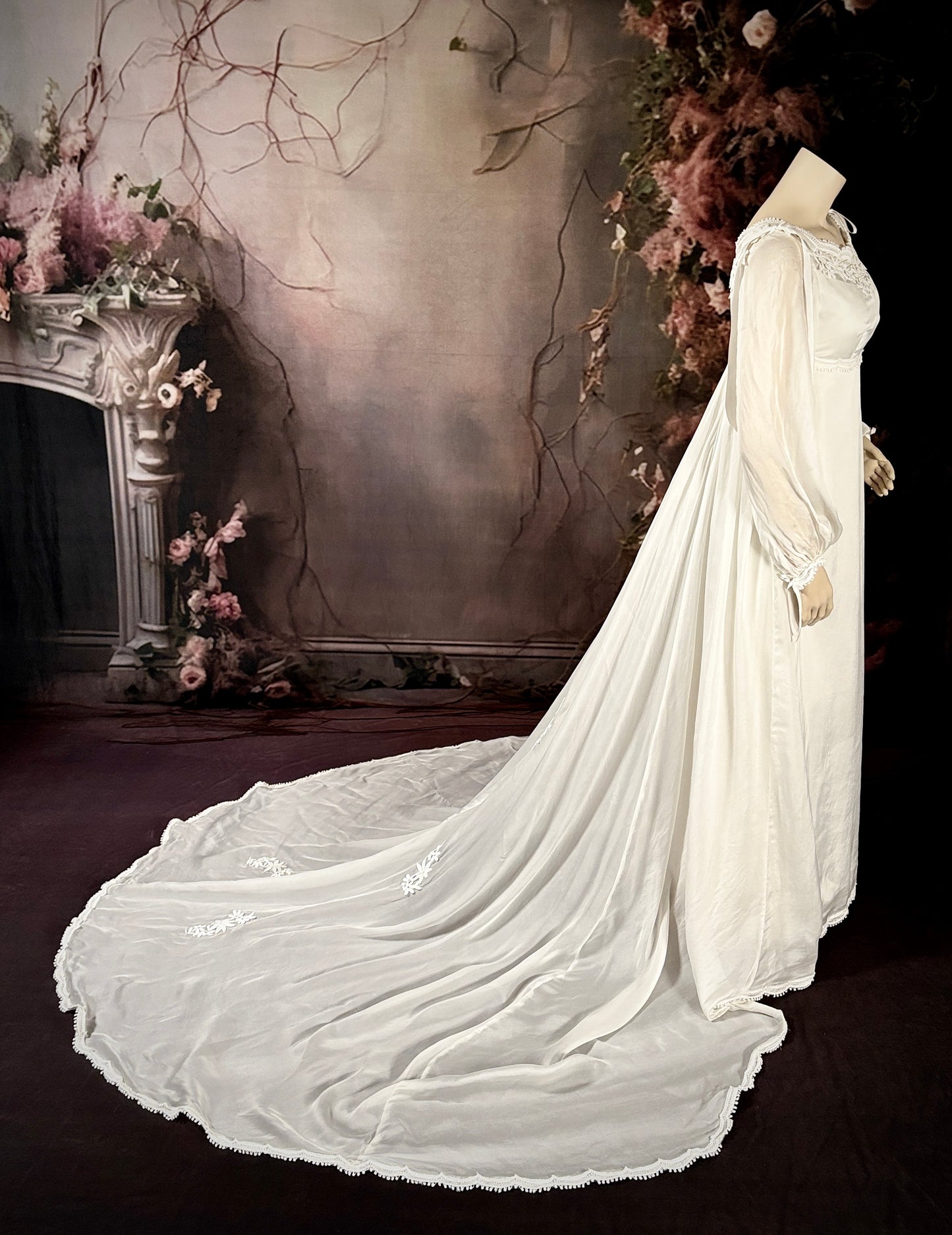 1960's Sheer Crepe-Back Satin Empire Waist Wedding Dress w/Trailing Train & Silk Bows