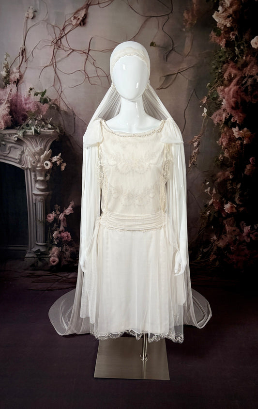 1920's Haute Couture Silk Tulle & Beaded Wedding Dress w/Juliet Veil