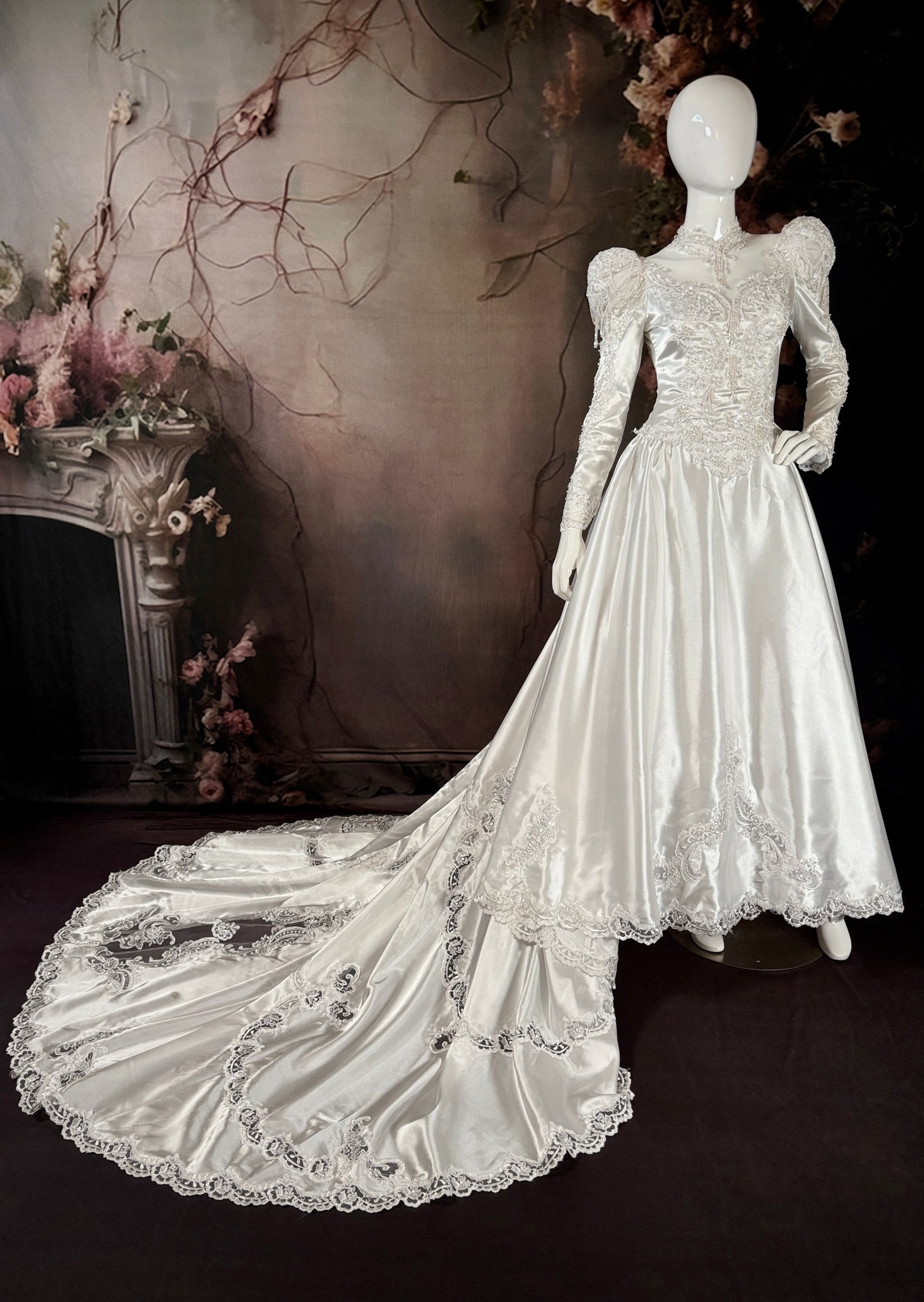 1980's Satin Wedding Dress w/Beaded Puff Sleeves & Chapel Train