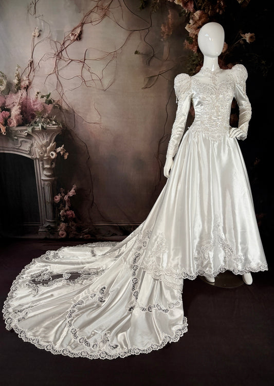 1980's Satin Wedding Dress w/Beaded Puff Sleeves & Chapel Train