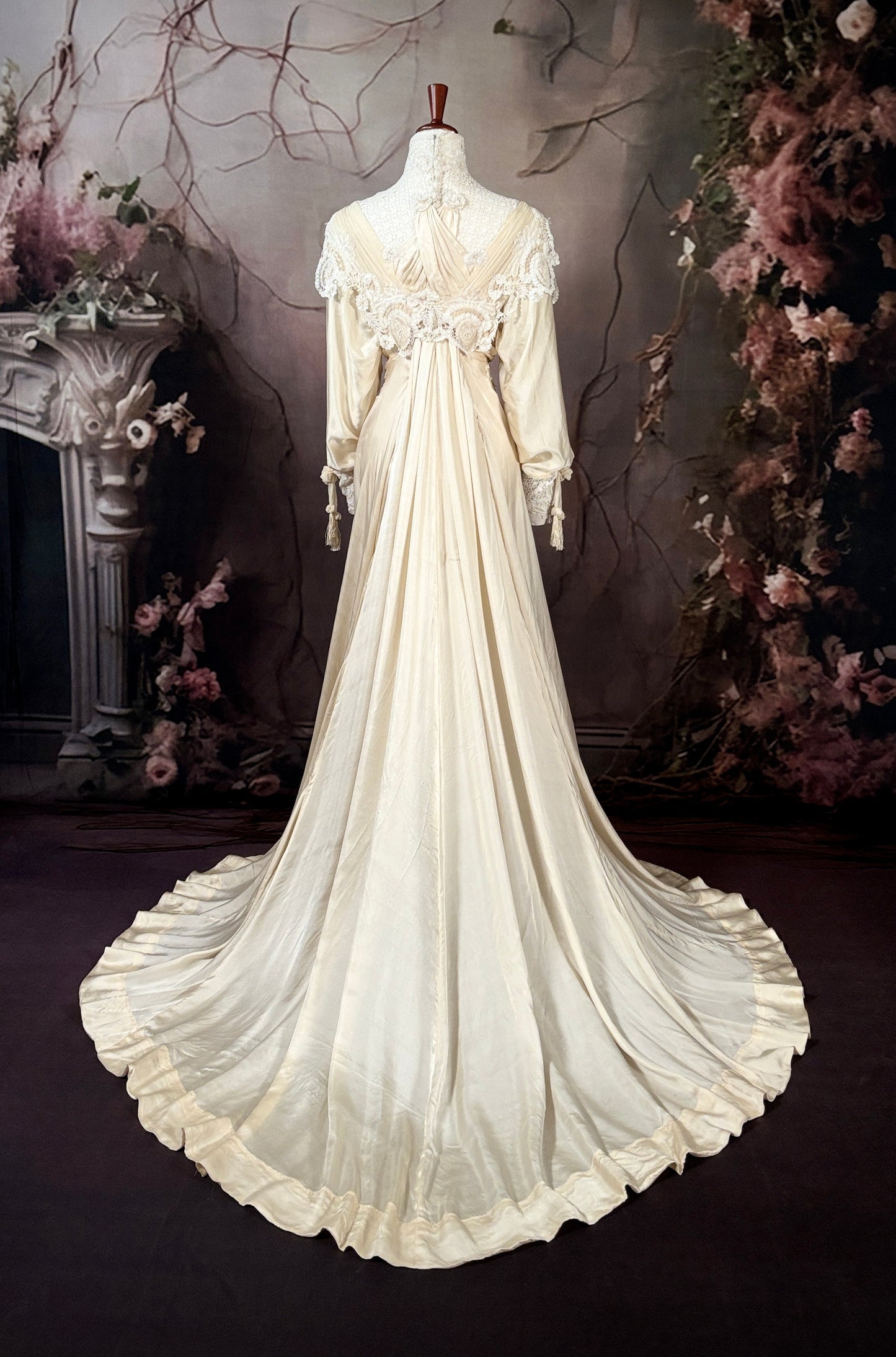 1908 China Silk & Lace Victorian Wedding Gown w/Trailing Train