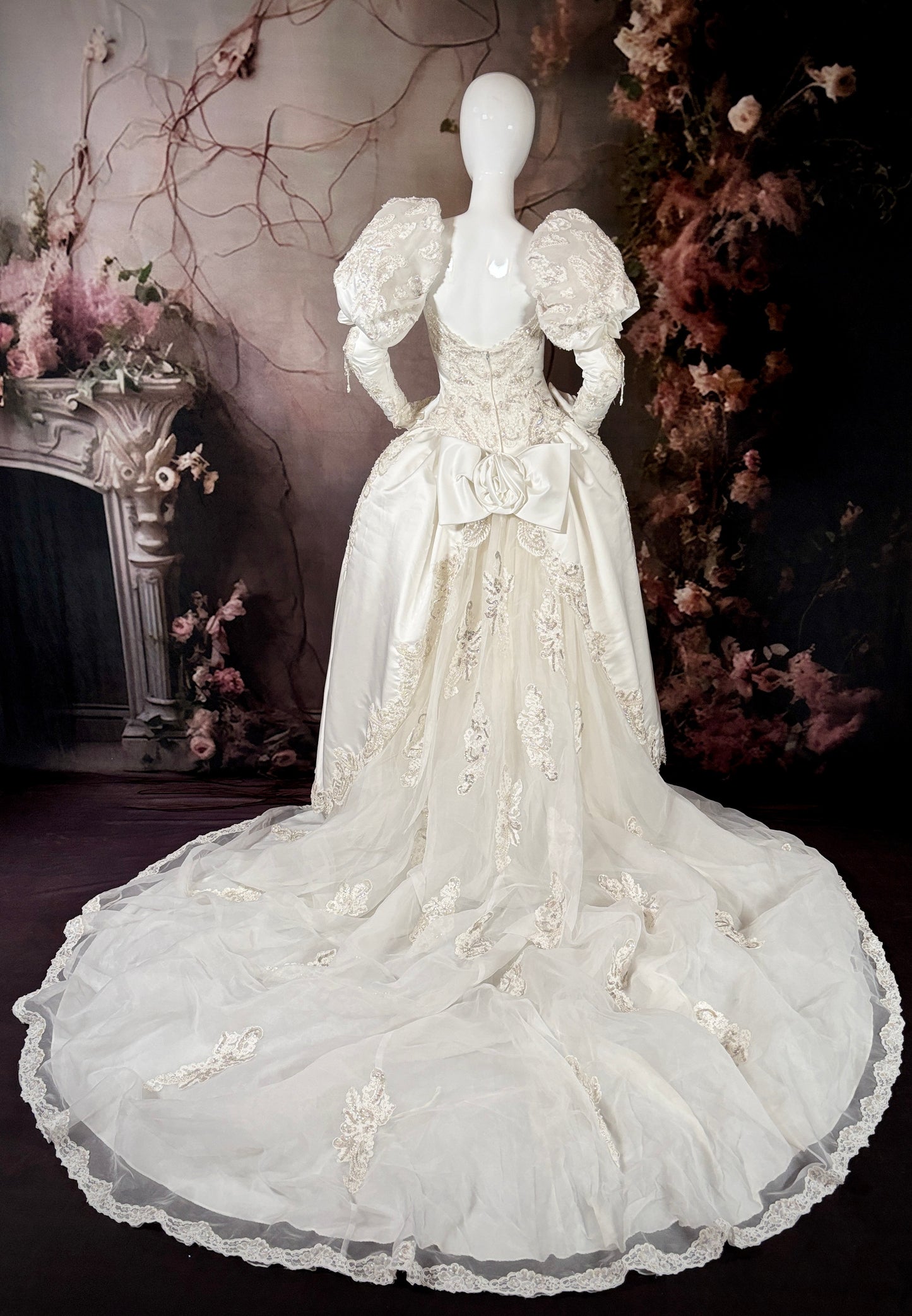 1980s Duchess Satin Wedding Dress  w/Juliet Puff Sleeves & Chapel Train