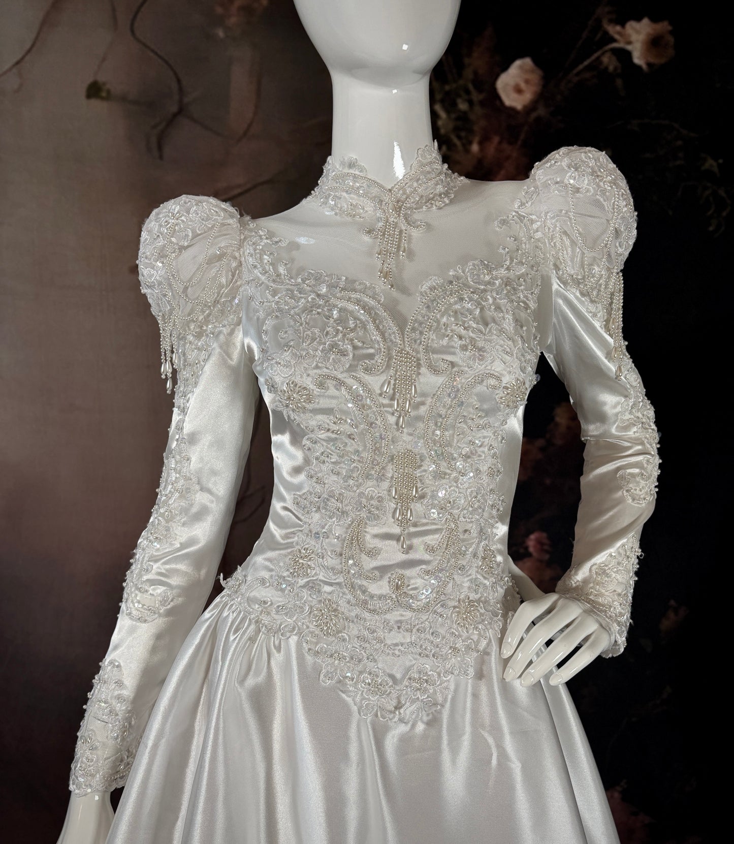 1980's Satin Wedding Dress w/Beaded Puff Sleeves & Chapel Train