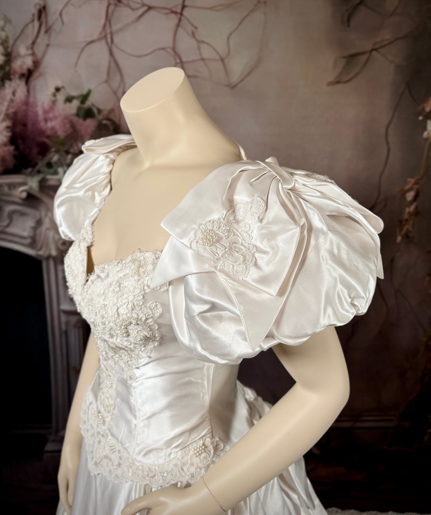 1980's Satin Wedding Dress w/Sweetheart Neckline, Melon Sleeves & Trailing Train