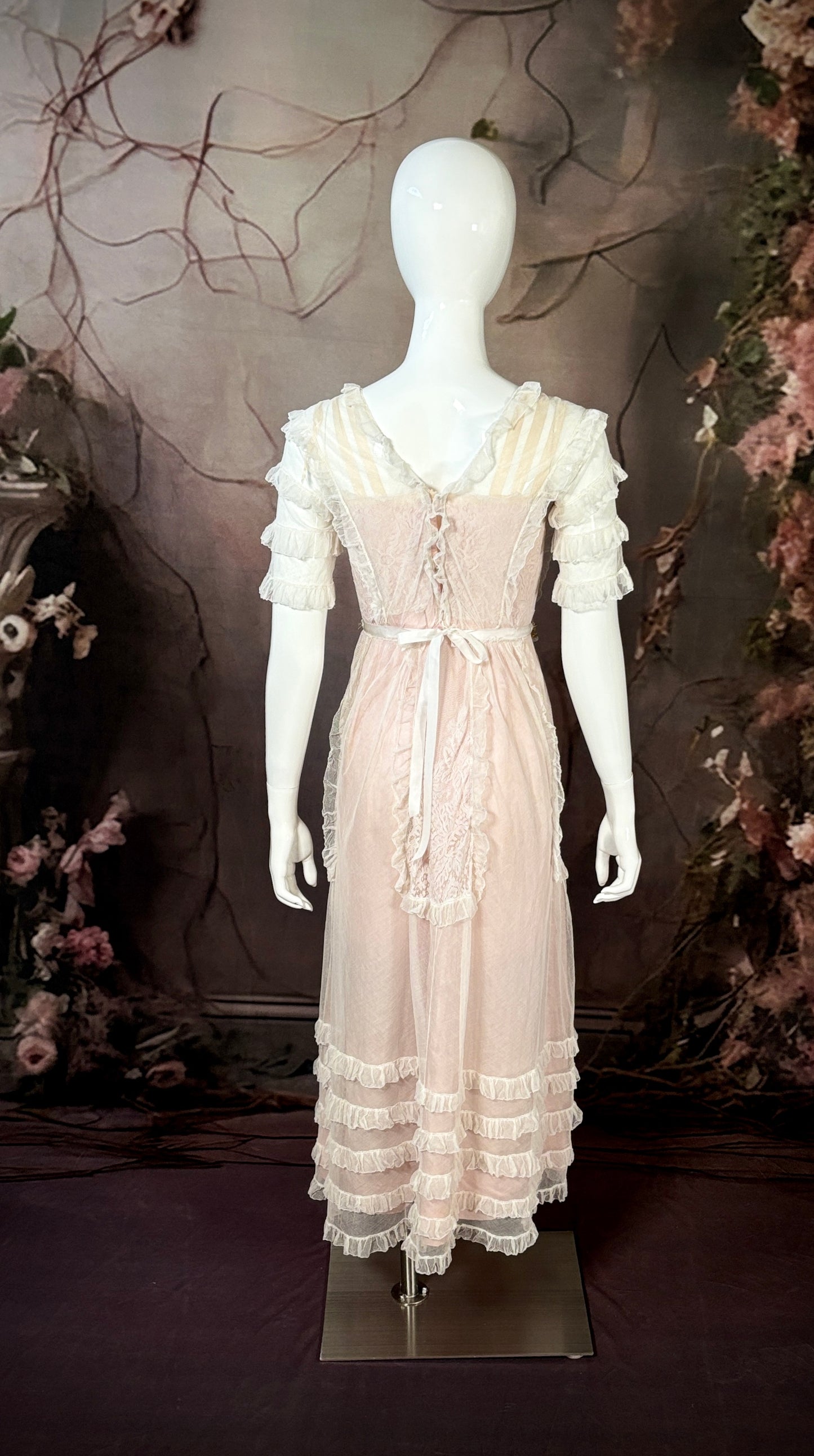 1910 Edwardian Silk Reception Dress in Blush Pink Satin W/Net Tiered Ruffles