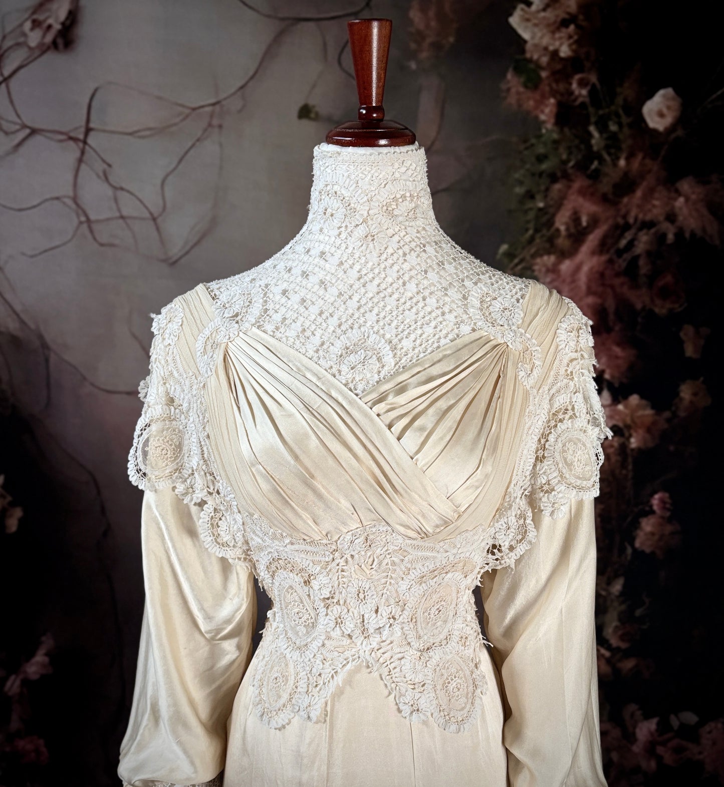 1908 China Silk & Lace Victorian Wedding Gown w/Trailing Train