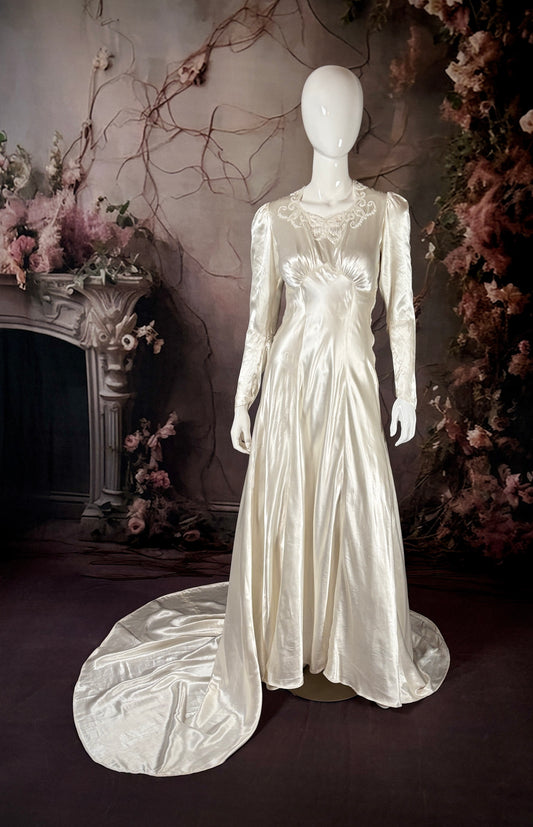 1930s Bias-Cut Candlelight Satin Wedding Dress w/Trailing Train