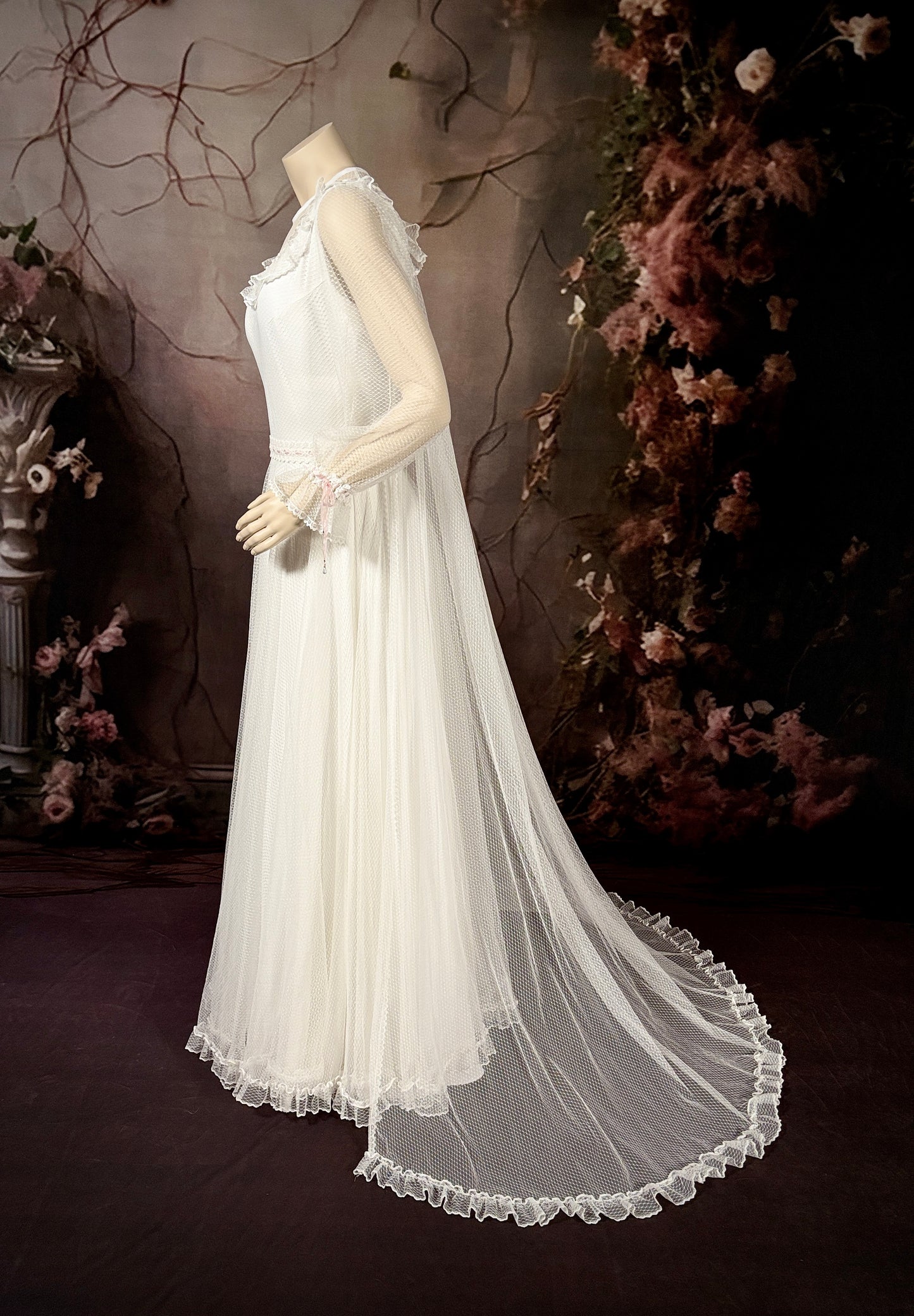 1960's Nylon Dotted Tulle/Crêpe de Chine Wedding Dress w/Princess Cape & Pink Silk Ribbon