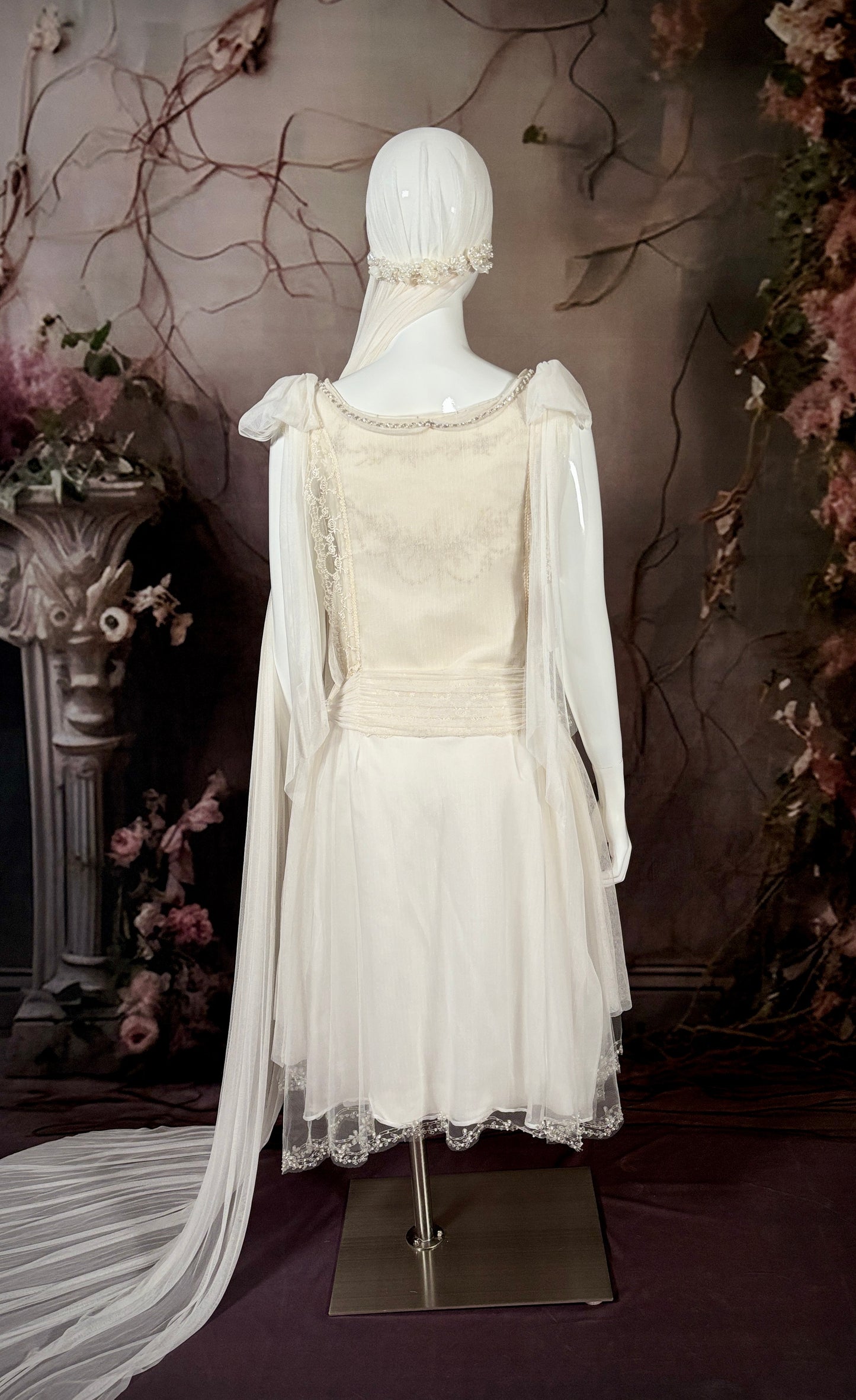 1920's Haute Couture Silk Tulle & Beaded Wedding Dress w/Juliet Veil