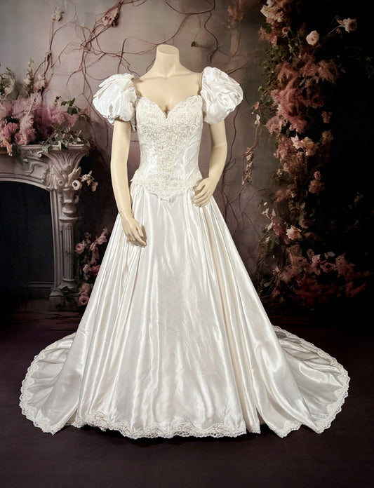 1980's Satin Wedding Dress w/Sweetheart Neckline, Melon Sleeves & Trailing Train