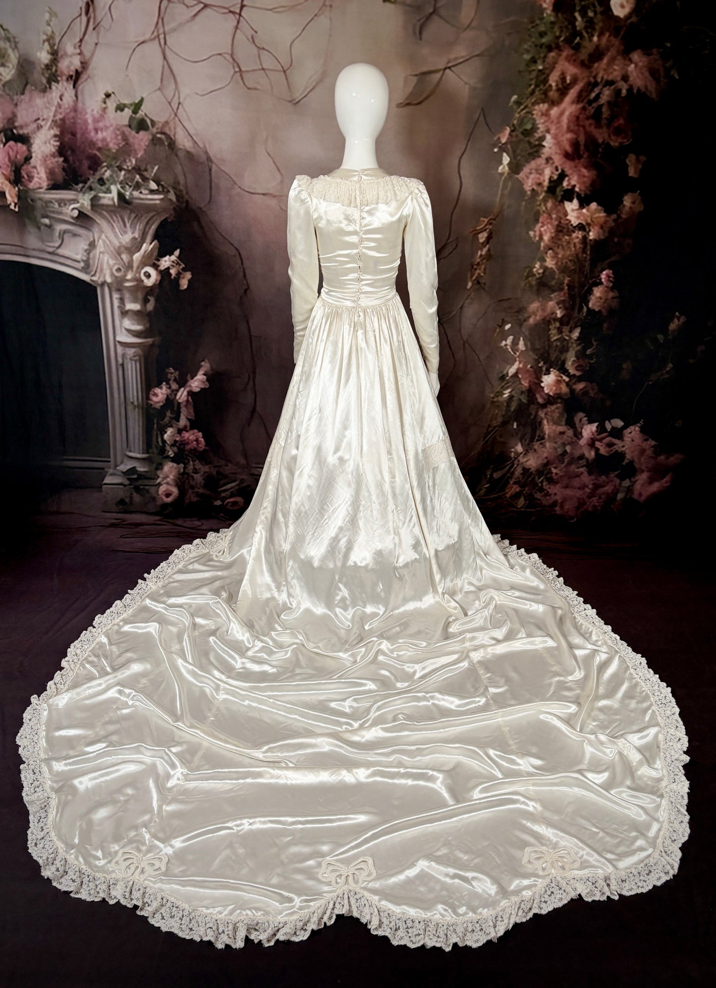 1950's Candlelight Satin Wedding Dress w/Ruffled Lace & Bow Appliques