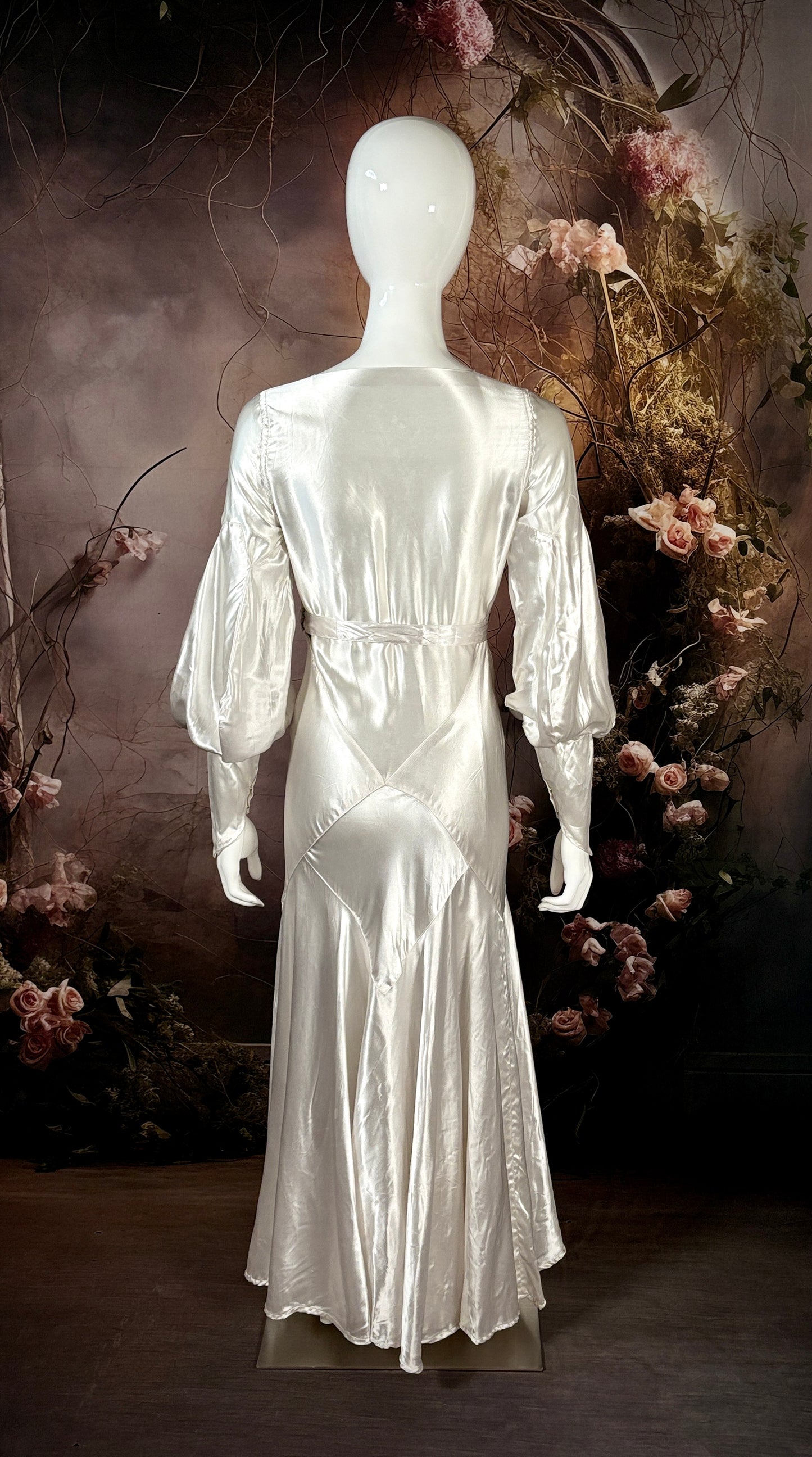 1930's Candlelight Satin Bias Cut Wedding Dress w/Bishop Sleeves