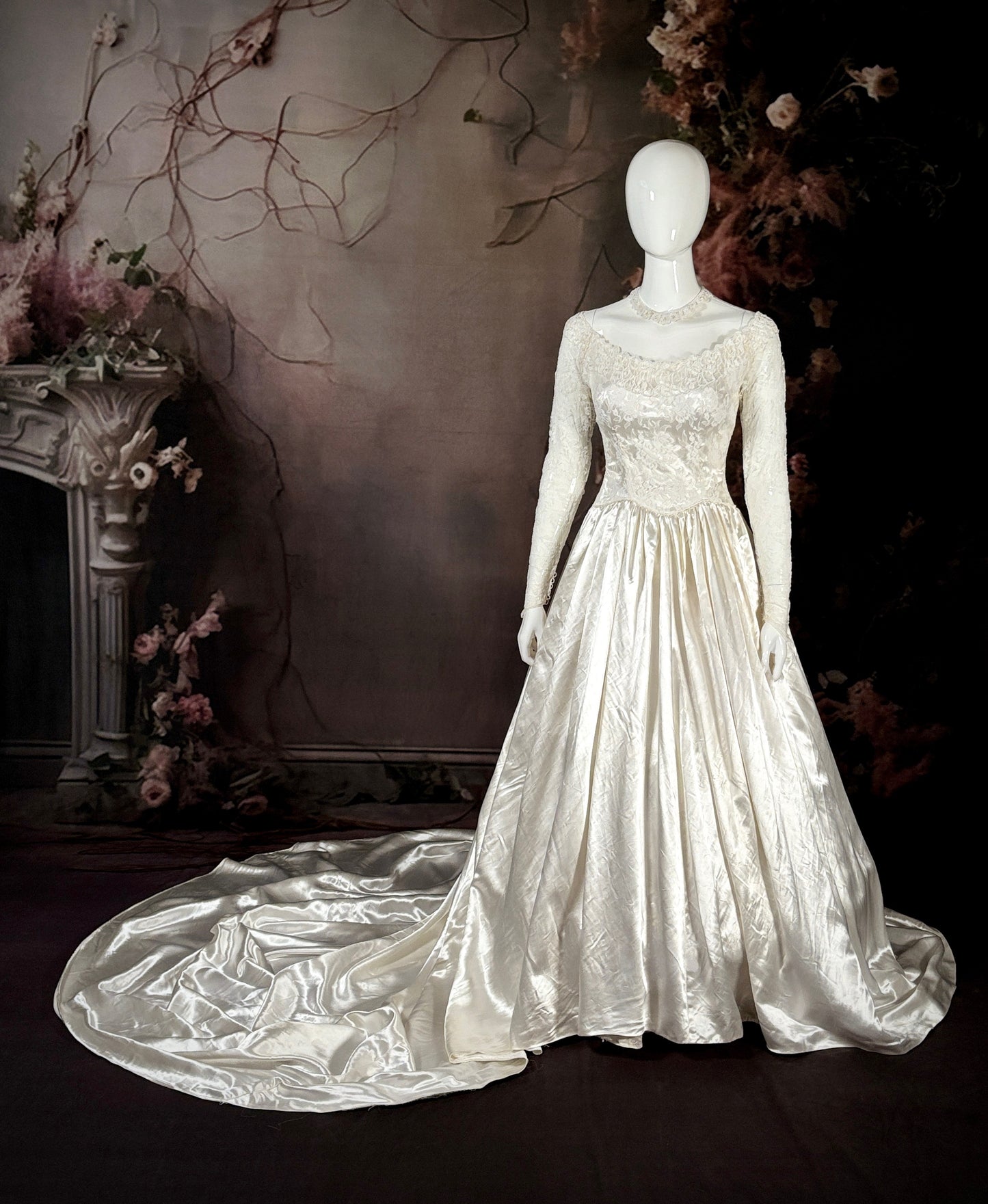 1940's Liquid Satin & Silk Lace Wedding Dress w/Chapel Train