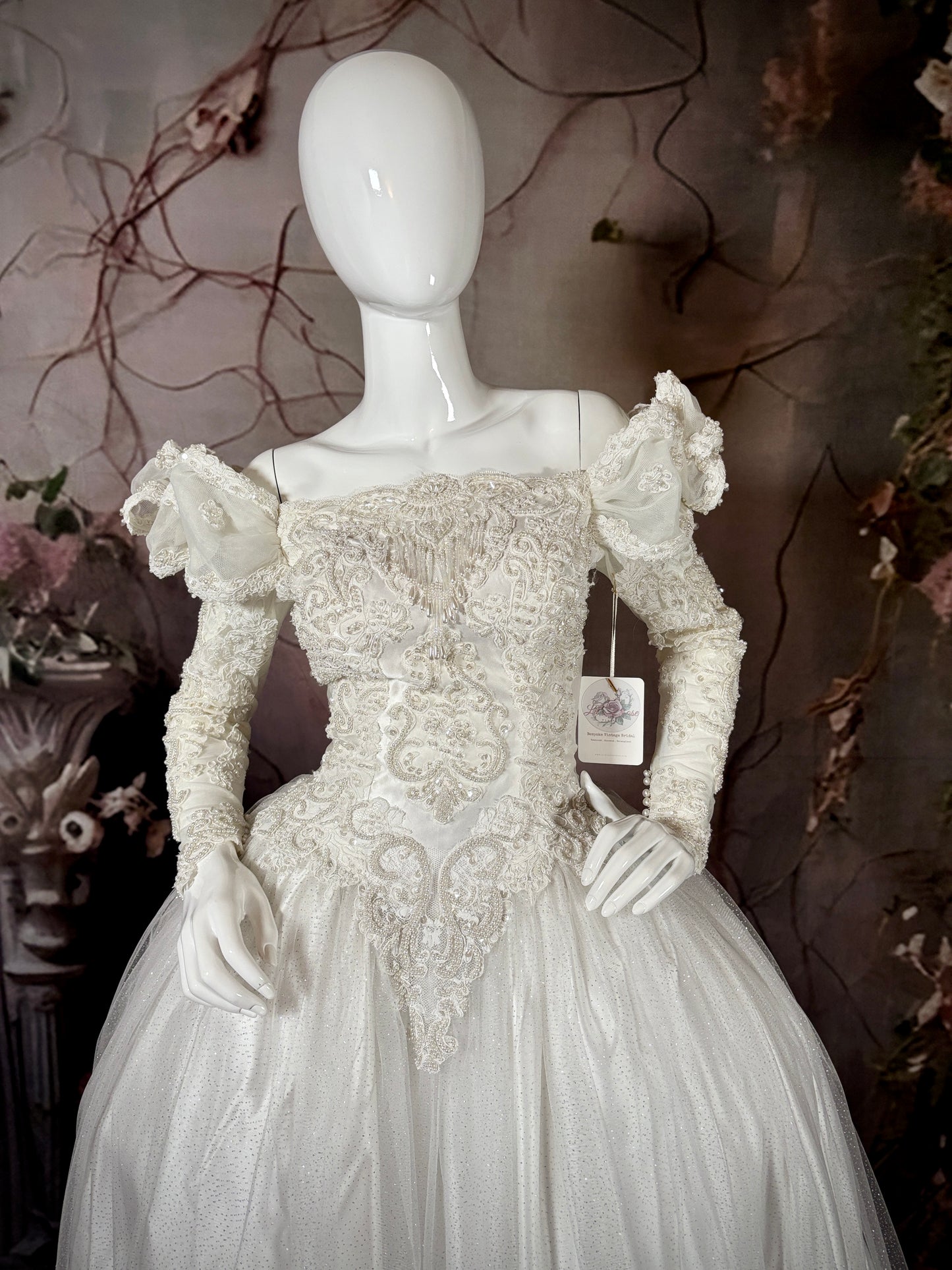 1980s Reimagined "Marie Antoinette" Satin & Glitter Tulle Wedding Dress w/Chapel Train