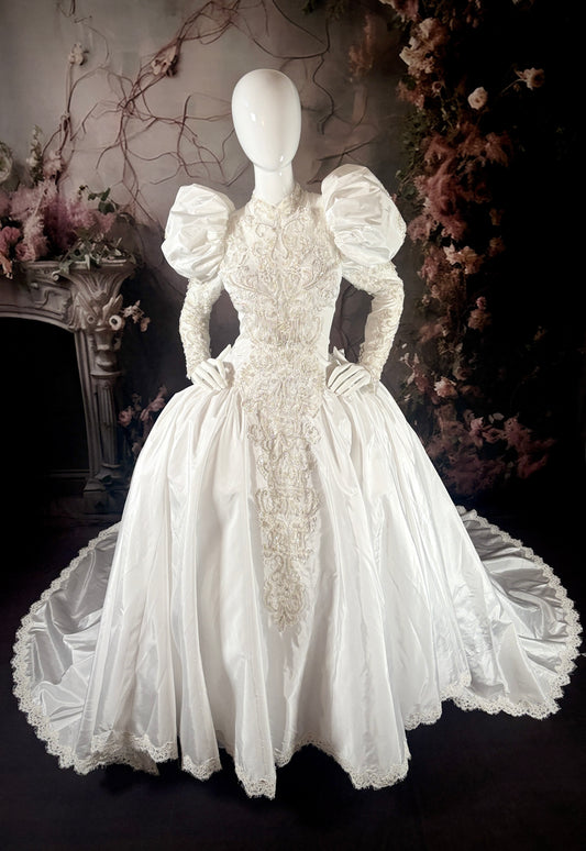 1980's Duchess Satin Wedding Dress, w/Juliet Puff Sleeves & Trailing Train