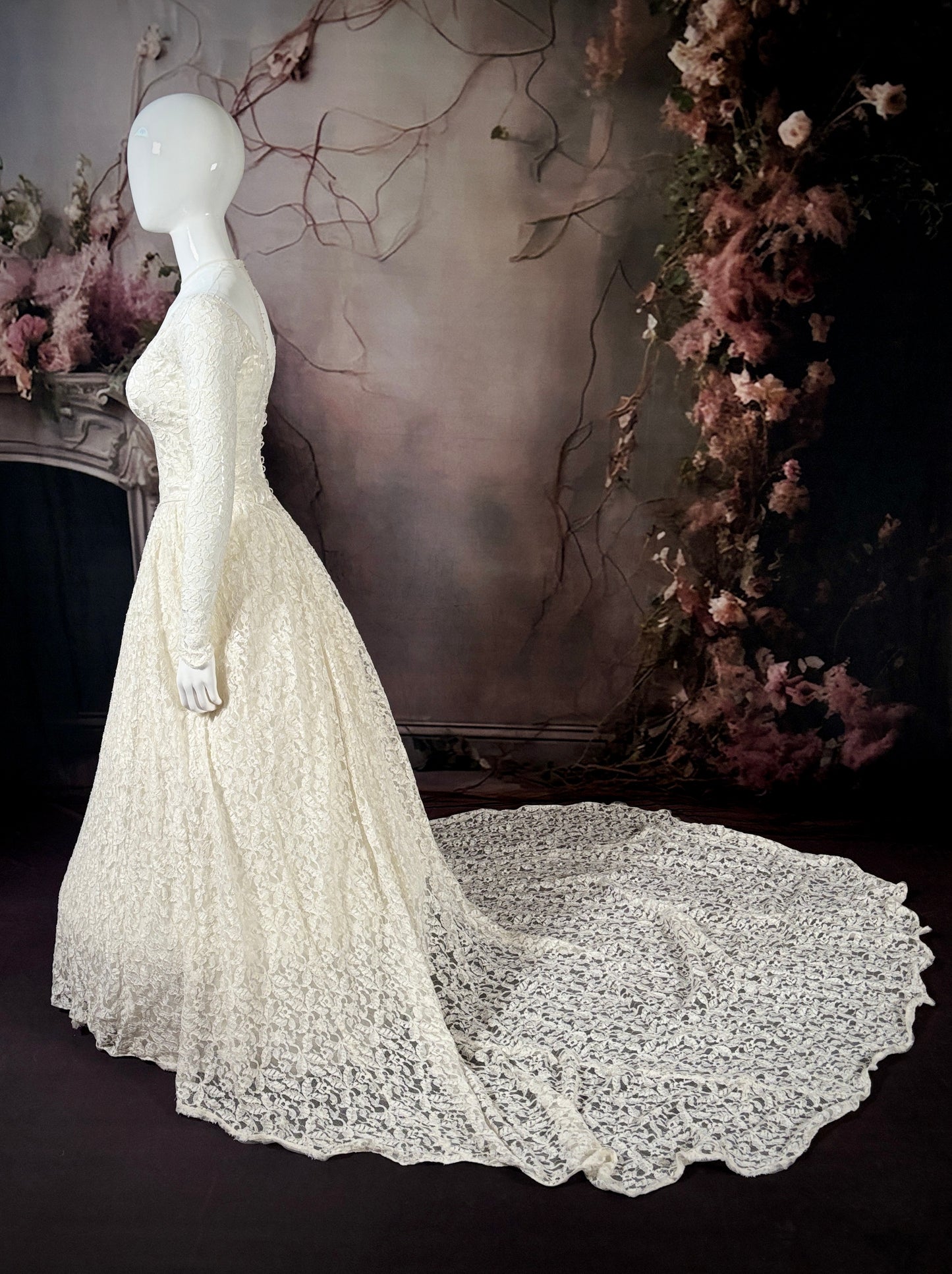1950s Needlepoint Lace & Liquid Satin Wedding Dress w/Chapel Train