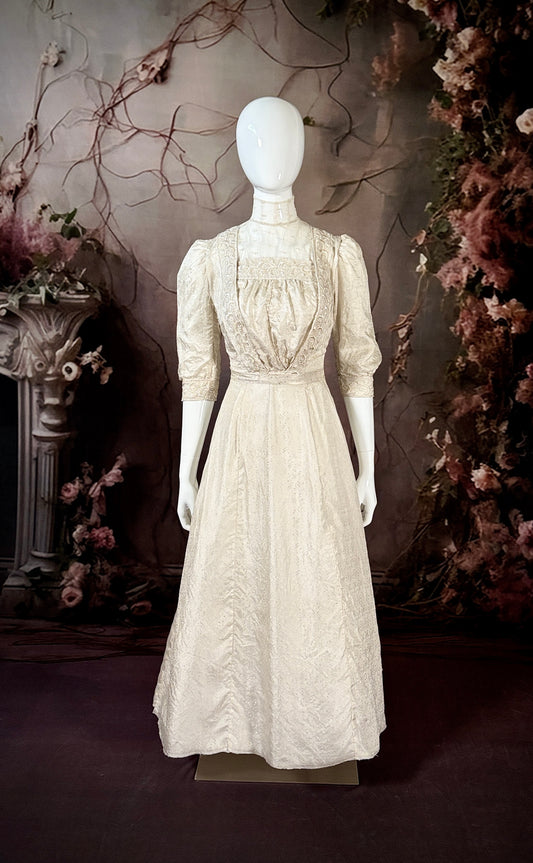 1890s Silk Jacquard Wedding Dress W/Gigot Sleeves (NOS)
