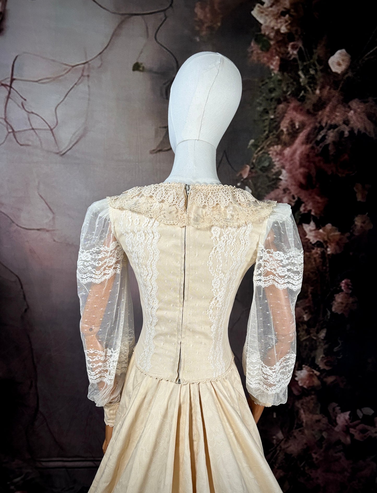 1970s "Victorian-Inspired" Wedding Dress Set W/Veil & Trailing Train